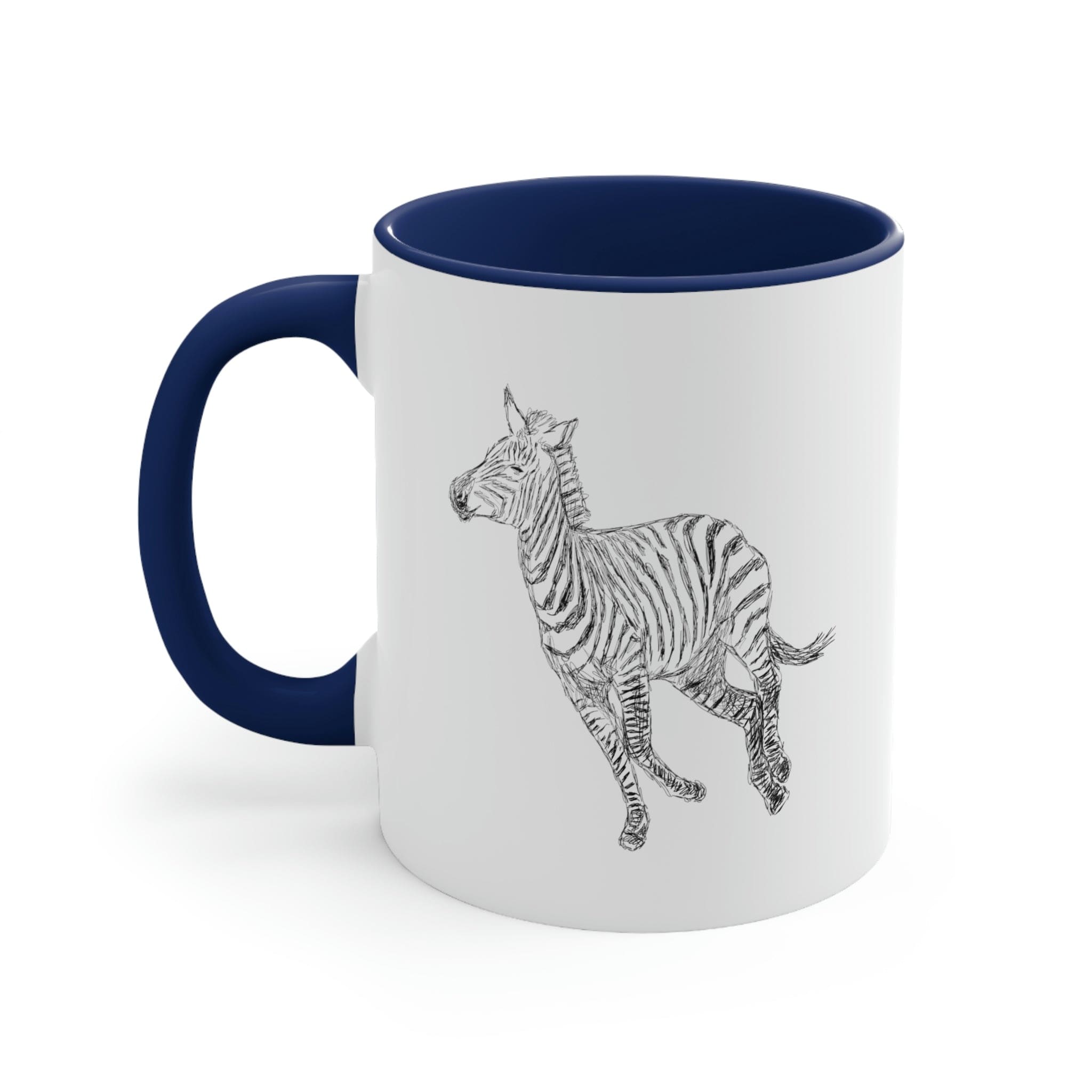 Two-tone ceramic mug with Galloping Zebra line art, featuring a colored interior and C-handle for comfortable use.