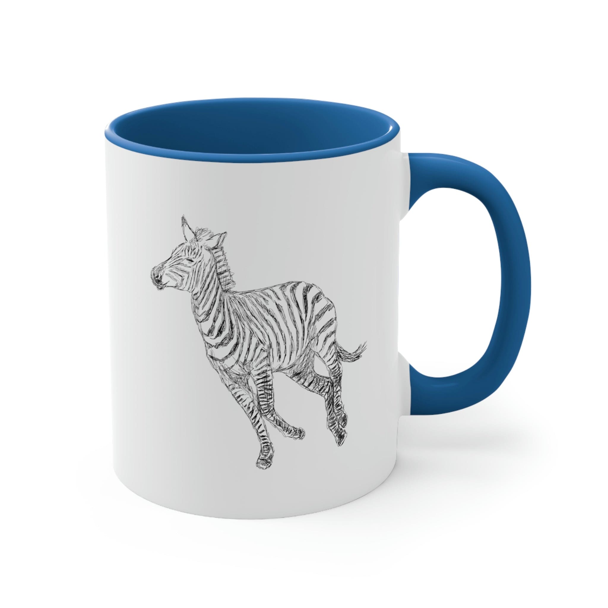 Two-tone ceramic mug with Galloping Zebra line art, featuring a colored interior and C-handle for comfortable use.