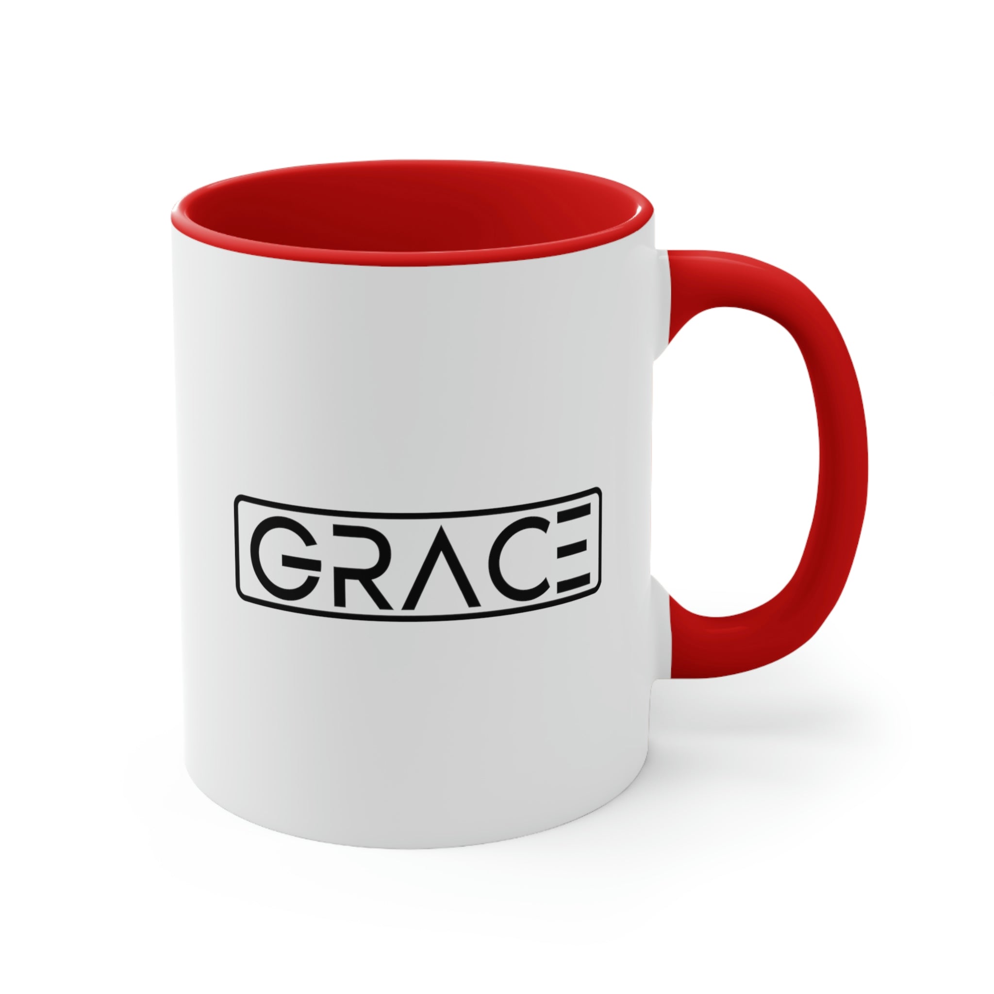 Two-tone Accent Ceramic Mug 11oz with a white exterior and colorful interior and handle, featuring a comfortable C-handle design.