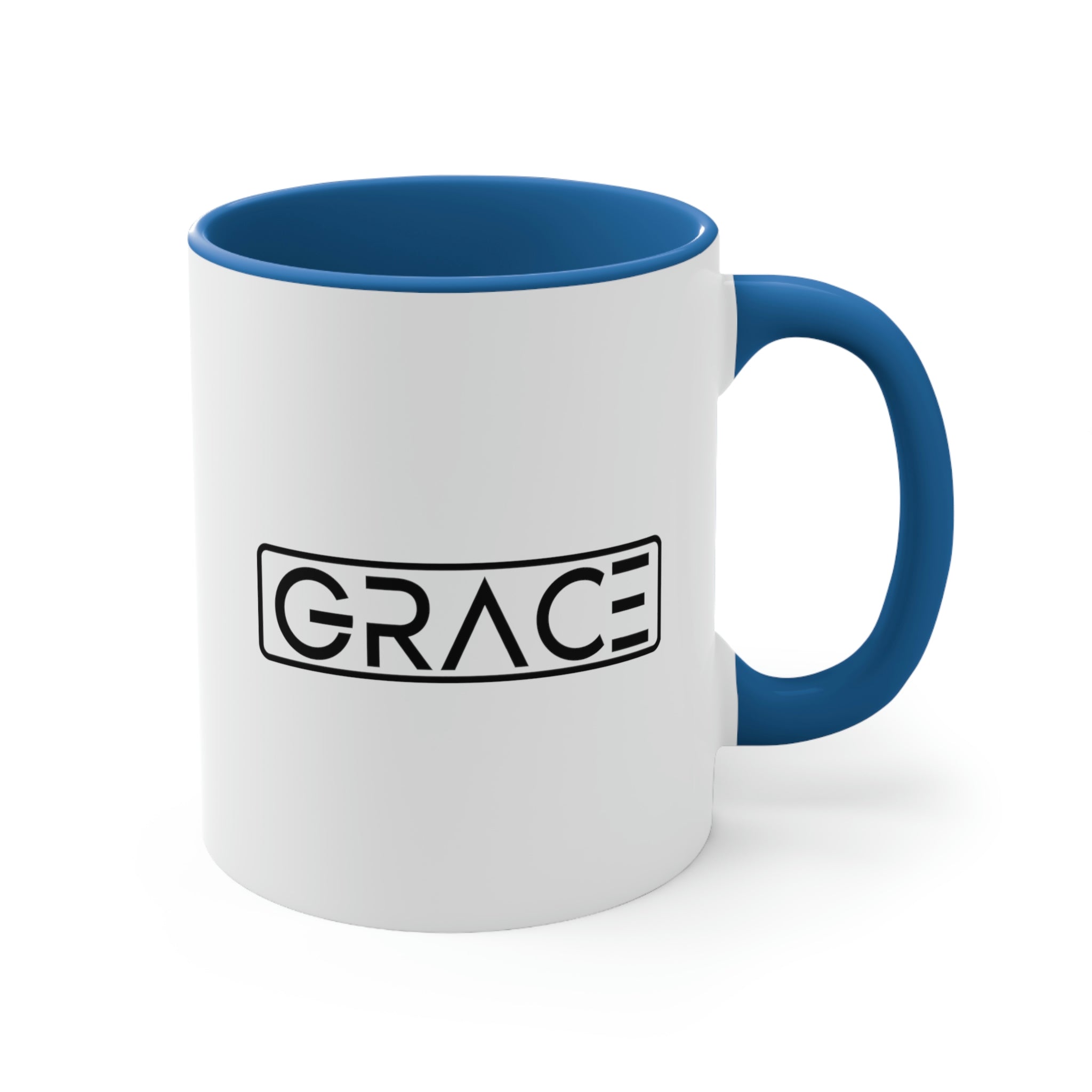 Two-tone Accent Ceramic Mug 11oz with a white exterior and colorful interior and handle, featuring a comfortable C-handle design.