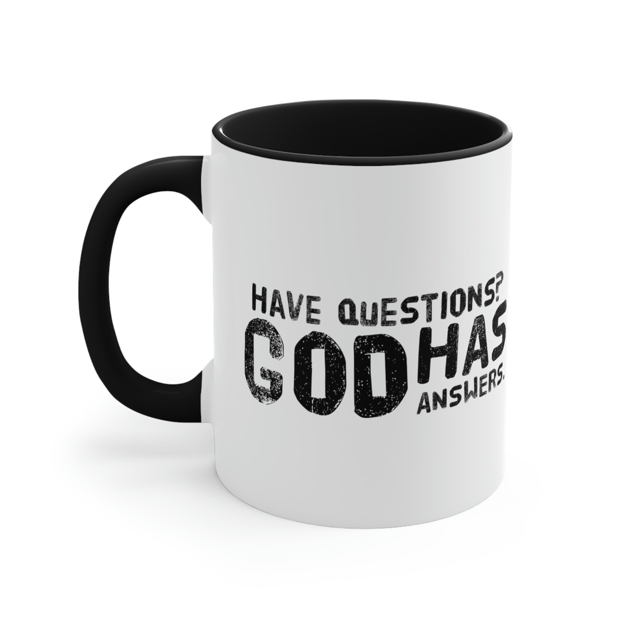 Two-tone ceramic mug with a colorful interior and handle, featuring the print 'Have Questions? God has Answers'.