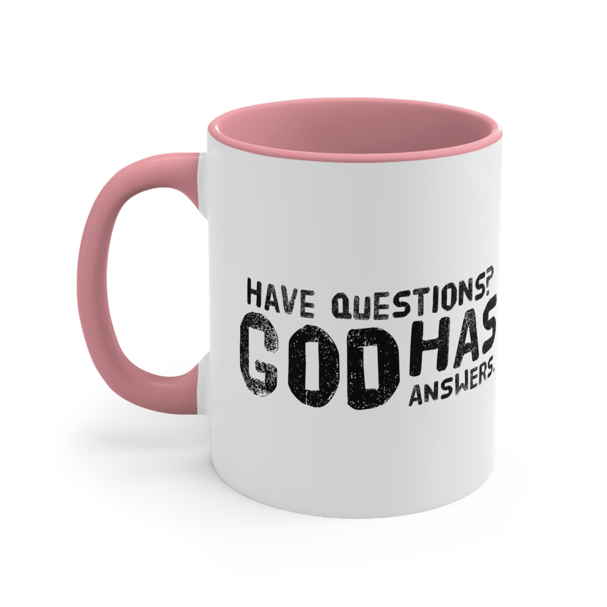 Two-tone ceramic mug with a colorful interior and handle, featuring the print 'Have Questions? God has Answers'.