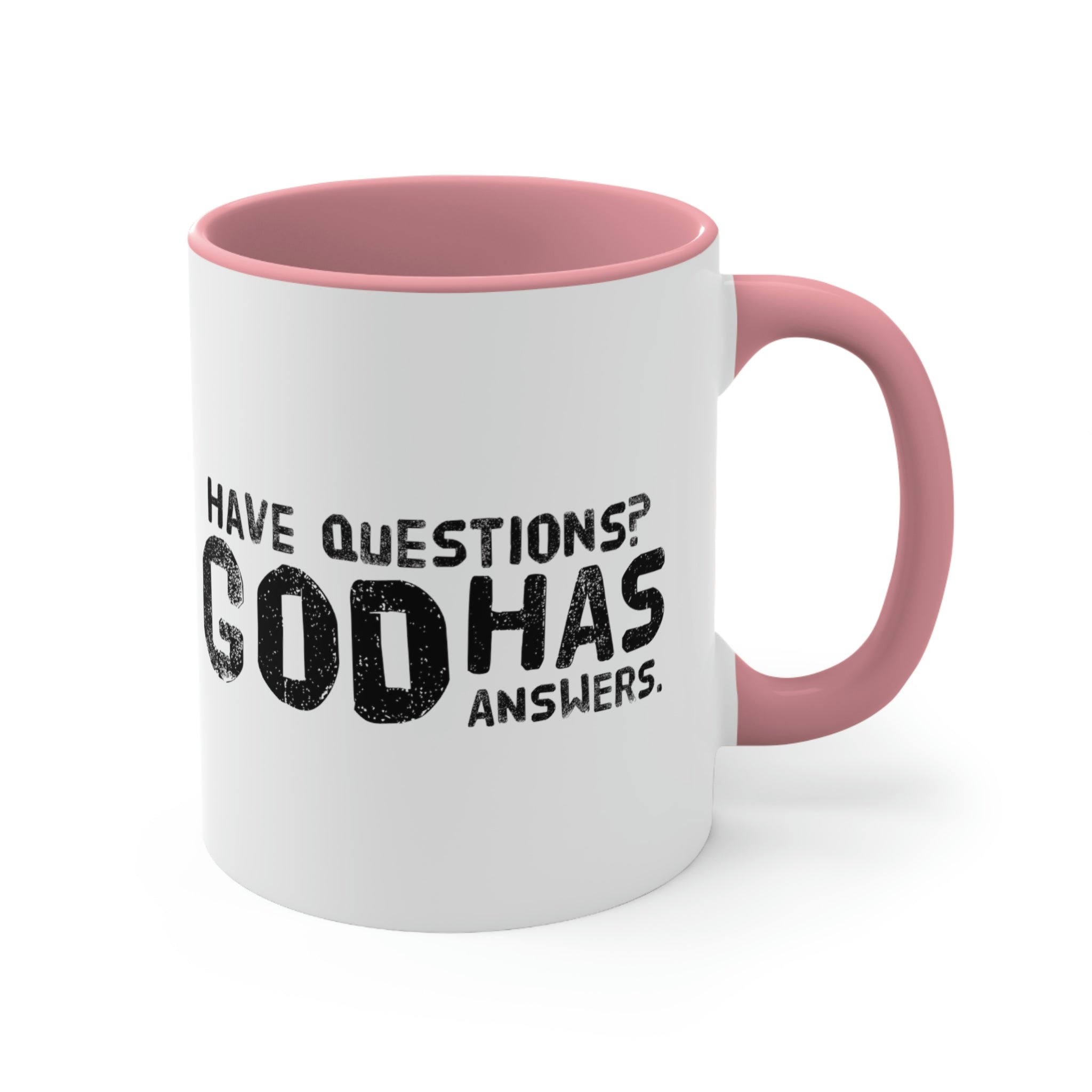 Two-tone ceramic mug with a colorful interior and handle, featuring the print 'Have Questions? God has Answers'.