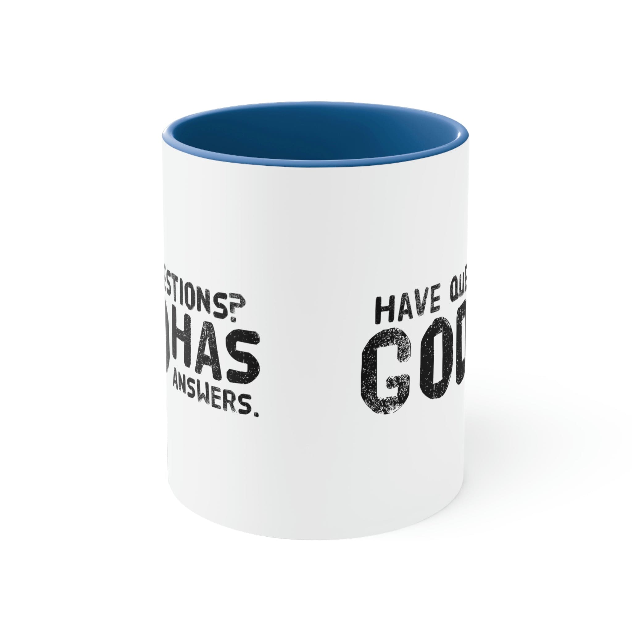 Two-tone ceramic mug with a colorful interior and handle, featuring the print 'Have Questions? God has Answers'.