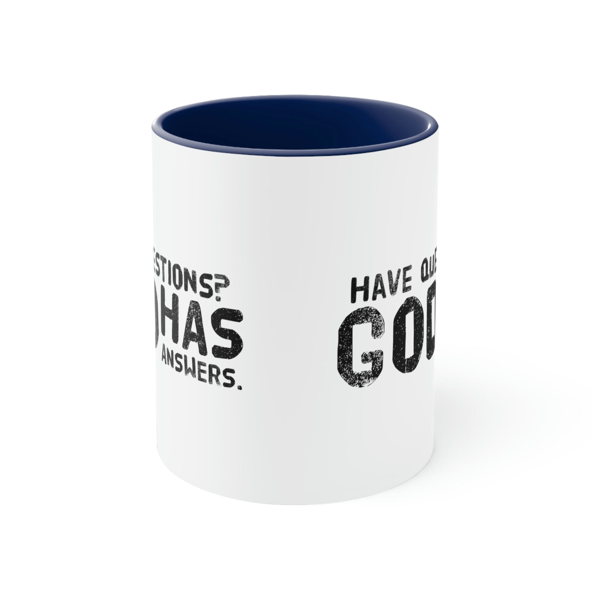 Two-tone ceramic mug with a colorful interior and handle, featuring the print 'Have Questions? God has Answers'.