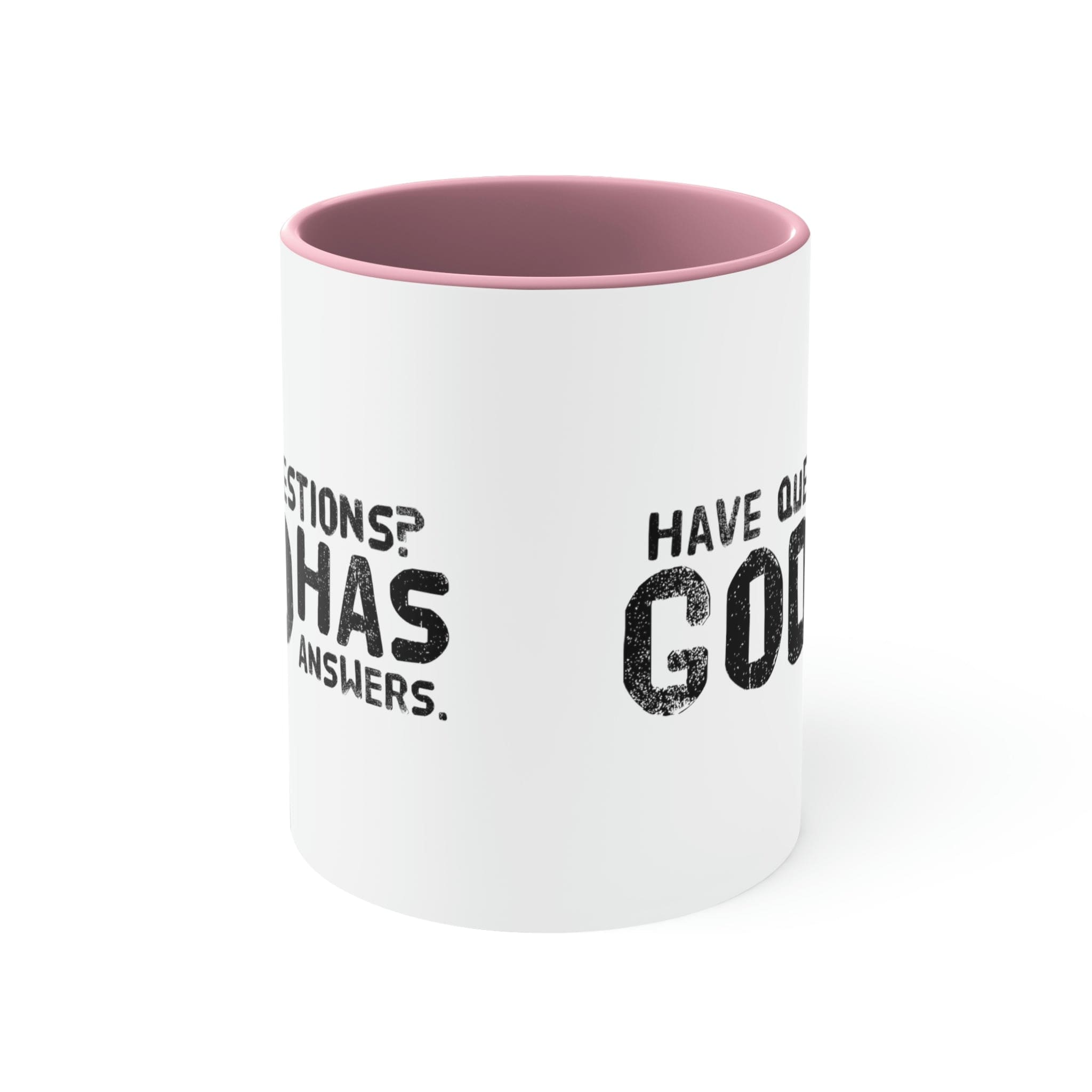 Two-tone ceramic mug with a colorful interior and handle, featuring the print 'Have Questions? God has Answers'.