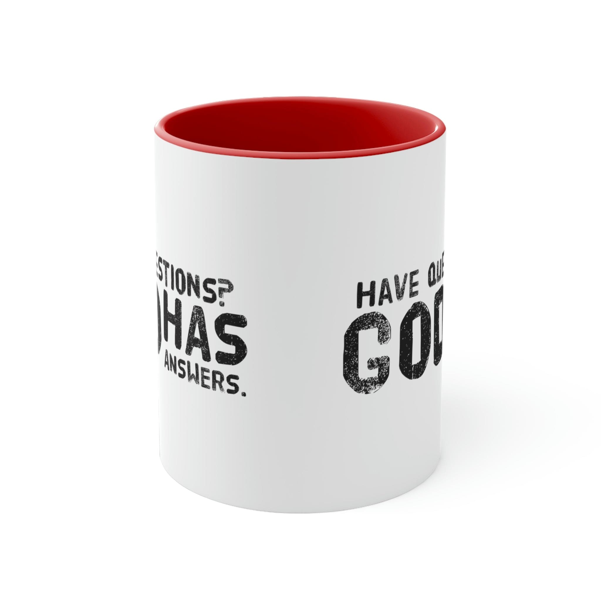 Two-tone ceramic mug with a colorful interior and handle, featuring the print 'Have Questions? God has Answers'.