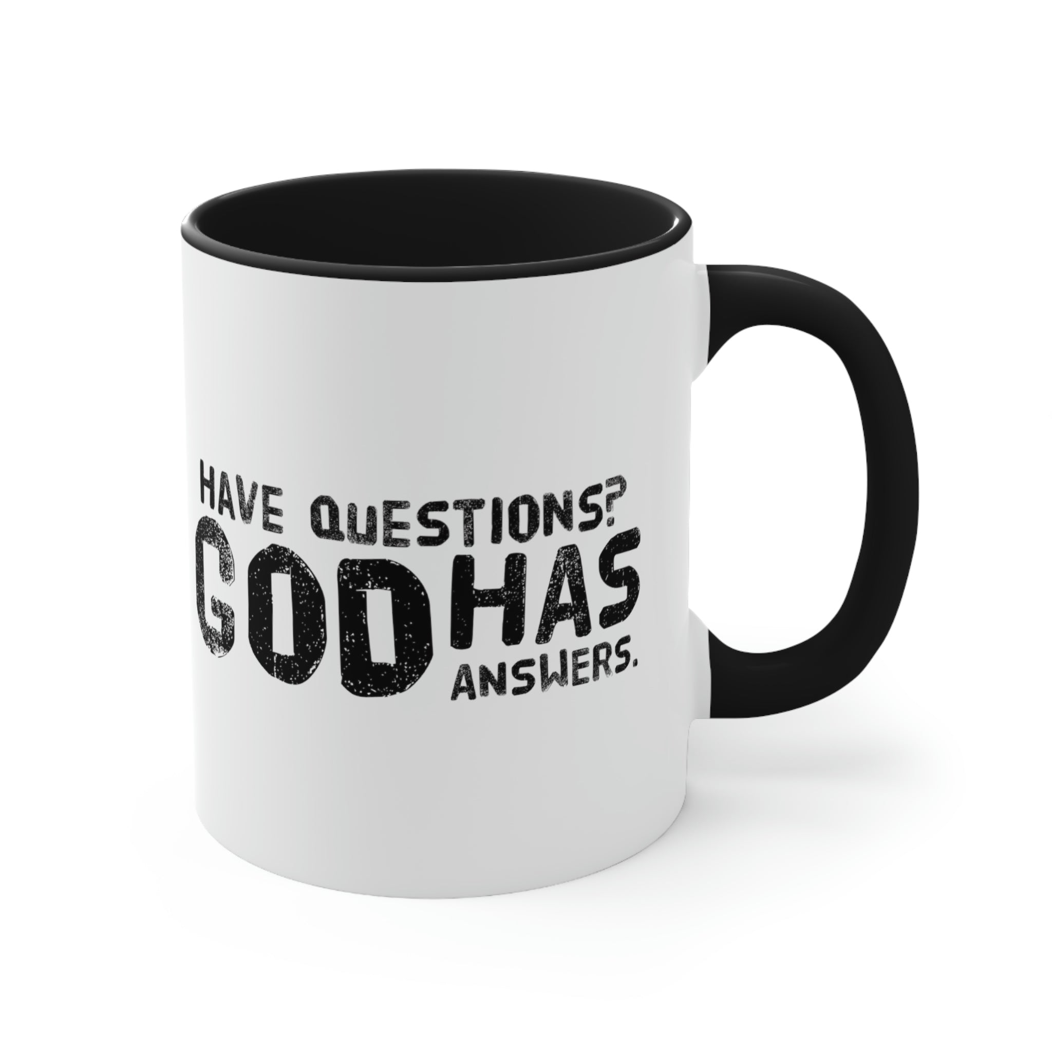 Two-tone ceramic mug with a colorful interior and handle, featuring the print 'Have Questions? God has Answers'.