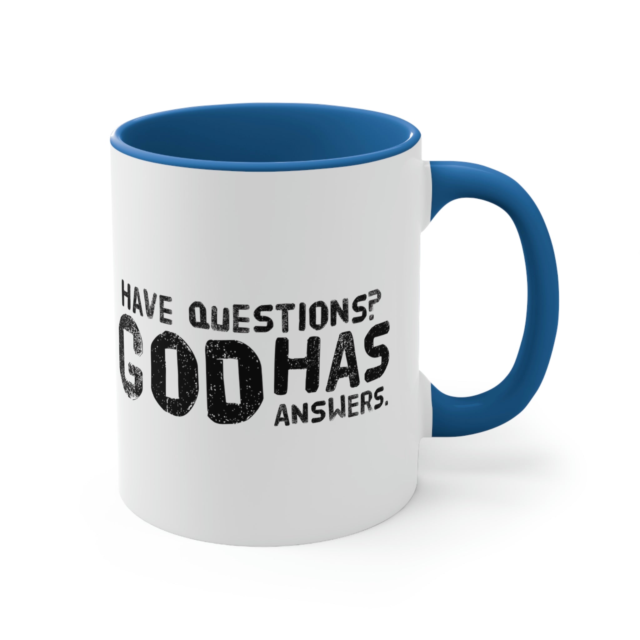 Two-tone ceramic mug with a colorful interior and handle, featuring the print 'Have Questions? God has Answers'.