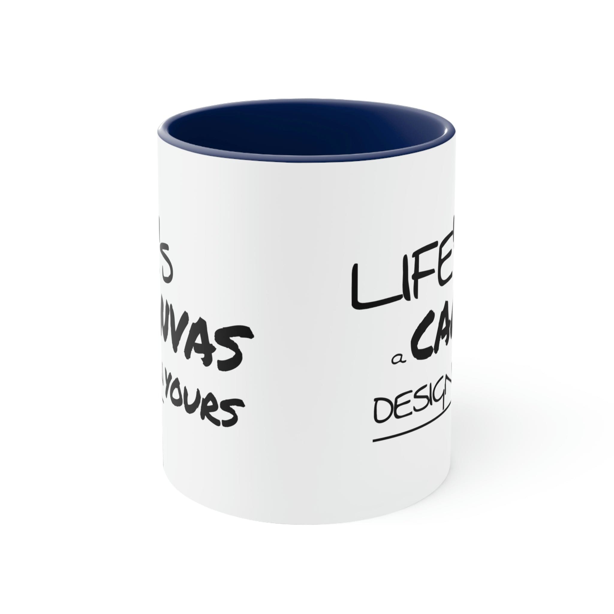 A vibrant two-tone ceramic mug with a colored interior and C-handle, showcasing a unique design.