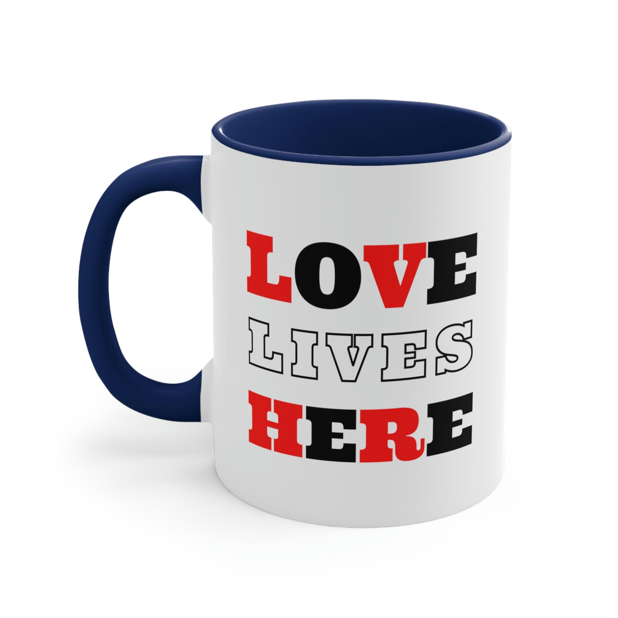 Two-tone ceramic mug with a white exterior and colored interior, featuring a comfortable C-handle and the phrase 'Love Lives Here'.