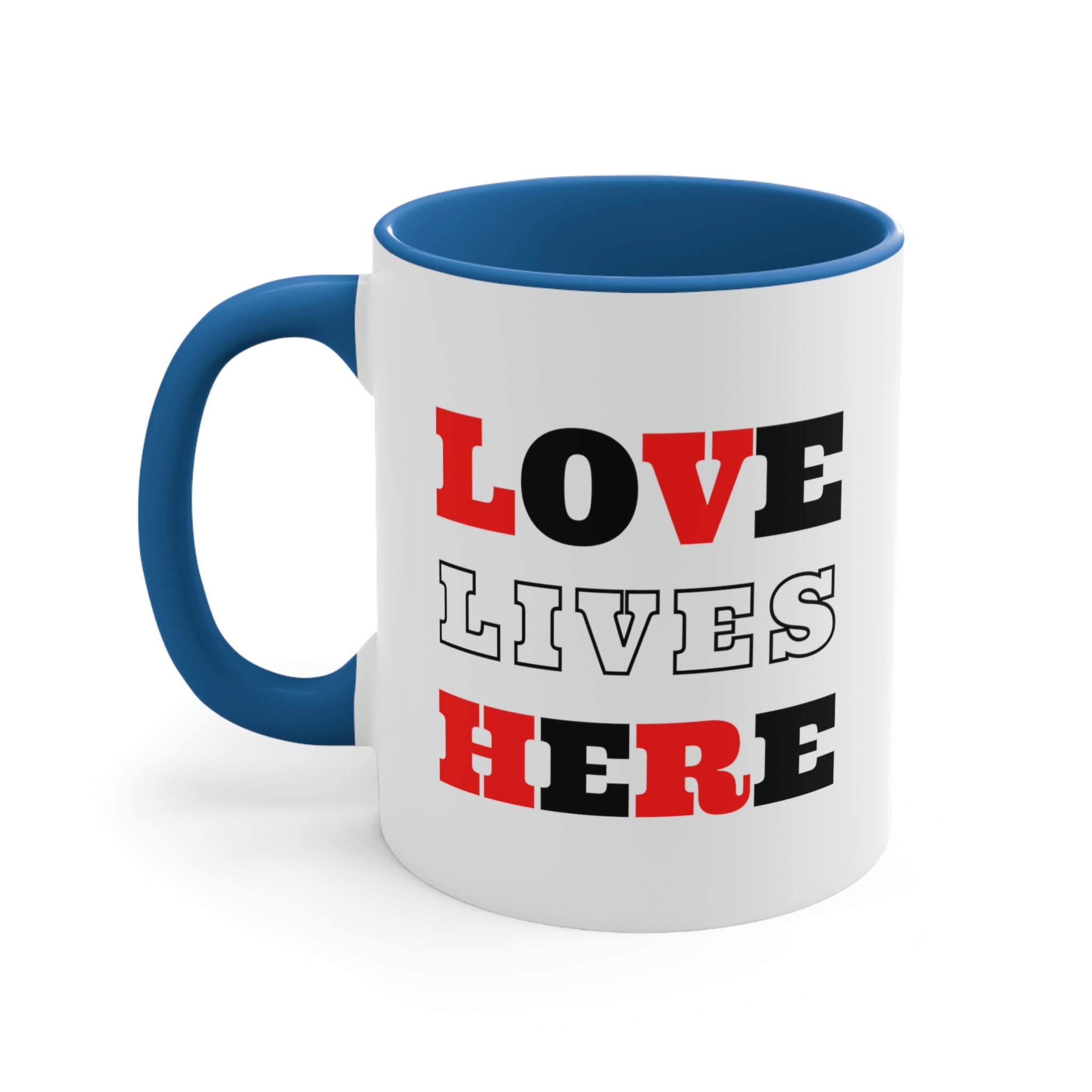 Two-tone ceramic mug with a white exterior and colored interior, featuring a comfortable C-handle and the phrase 'Love Lives Here'.