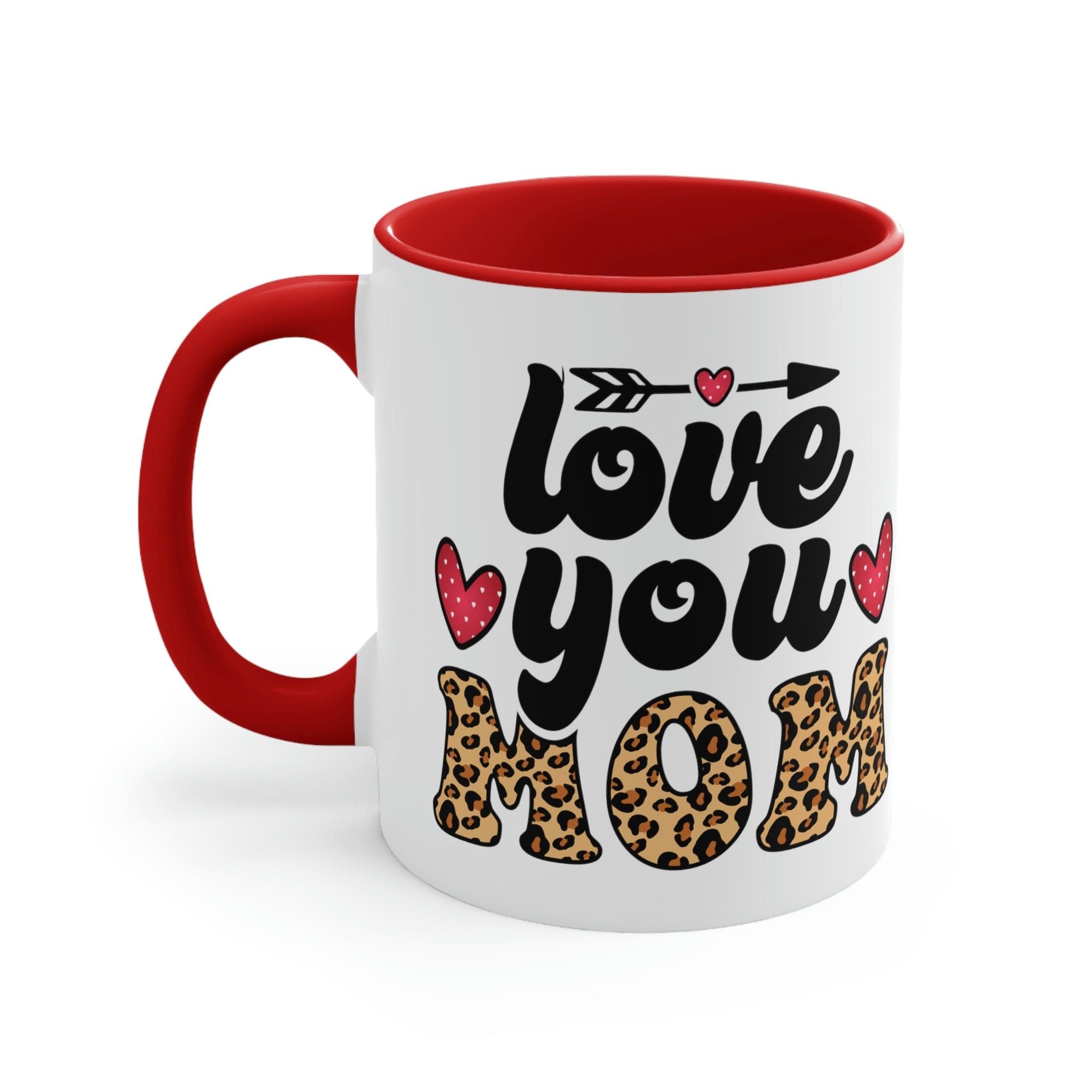 Two-tone ceramic mug with 'Love you Mom' illustration, featuring a colorful interior and comfortable C-handle.