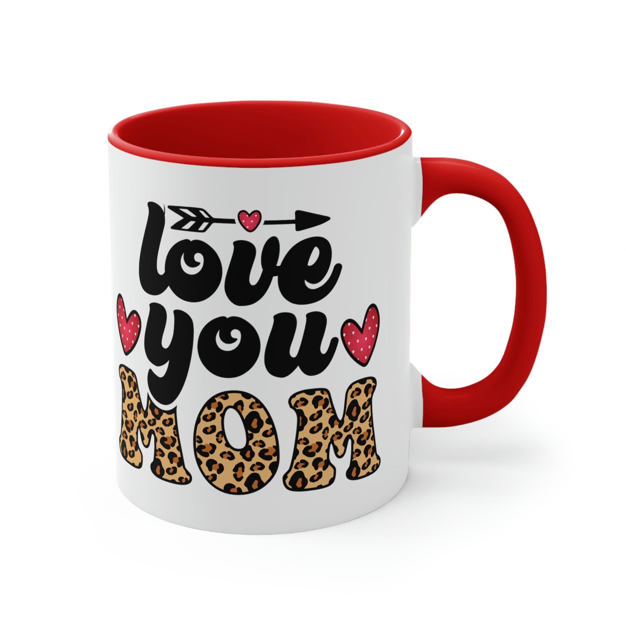 Two-tone ceramic mug with 'Love you Mom' illustration, featuring a colorful interior and comfortable C-handle.