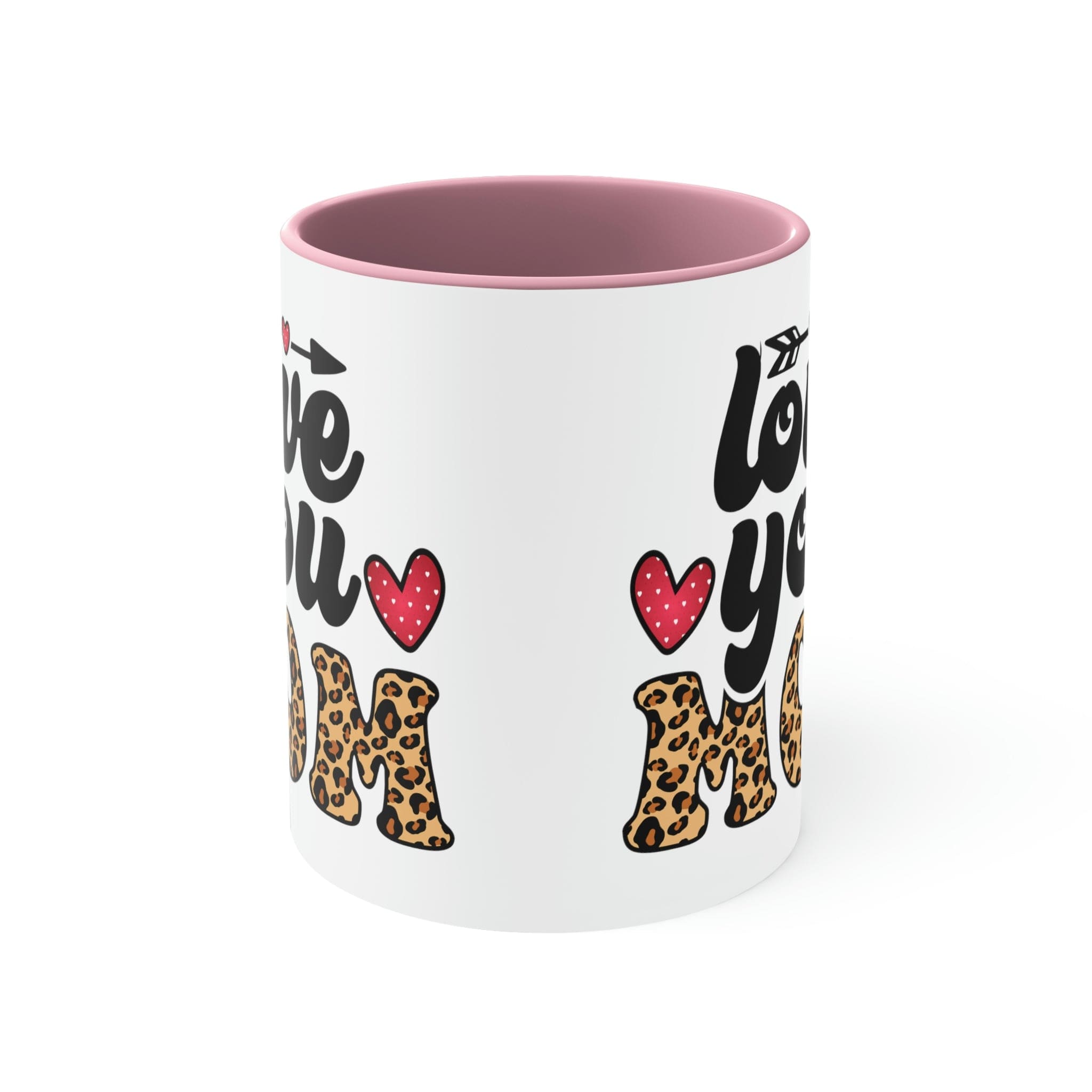 Two-tone ceramic mug with 'Love you Mom' illustration, featuring a colorful interior and comfortable C-handle.