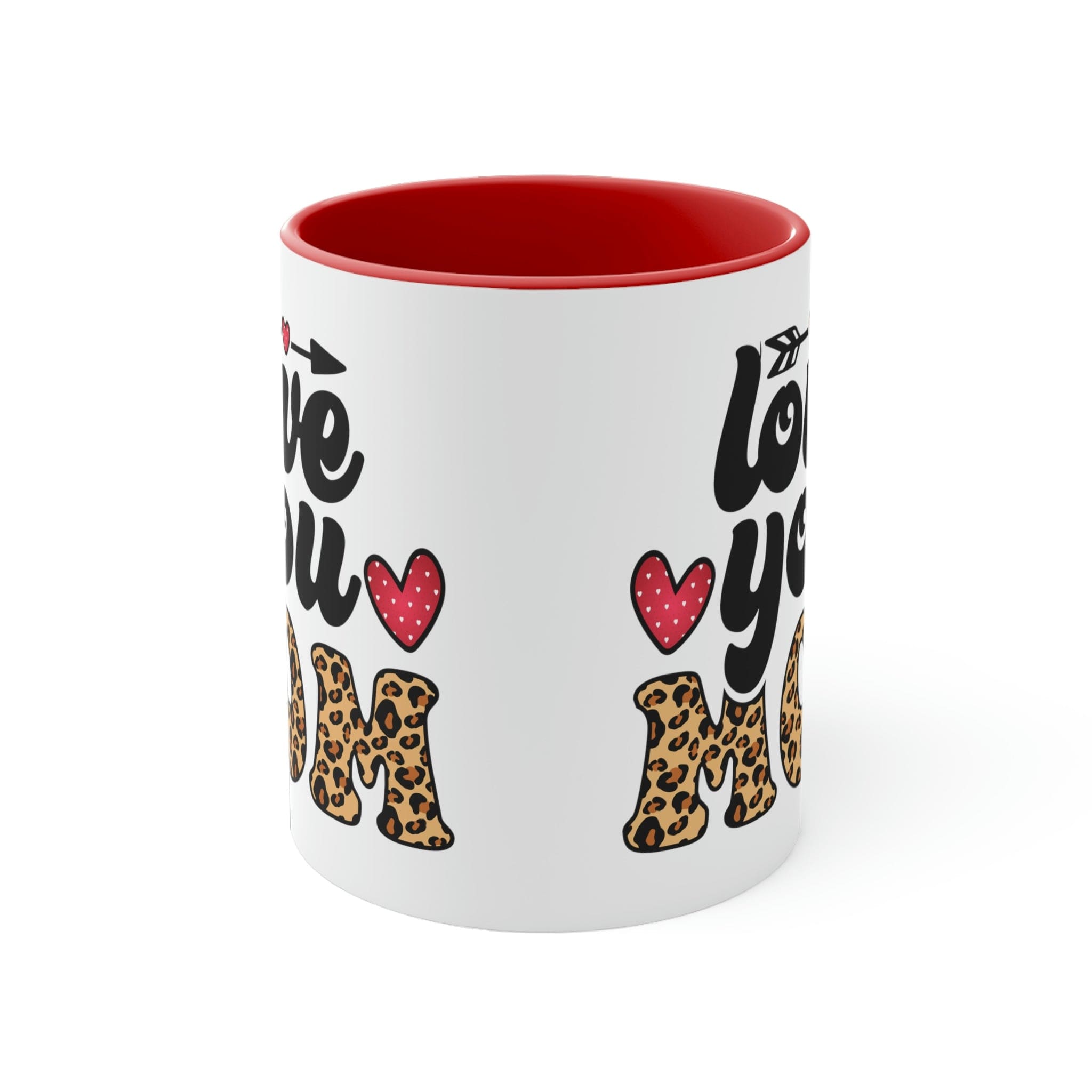 Two-tone ceramic mug with 'Love you Mom' illustration, featuring a colorful interior and comfortable C-handle.