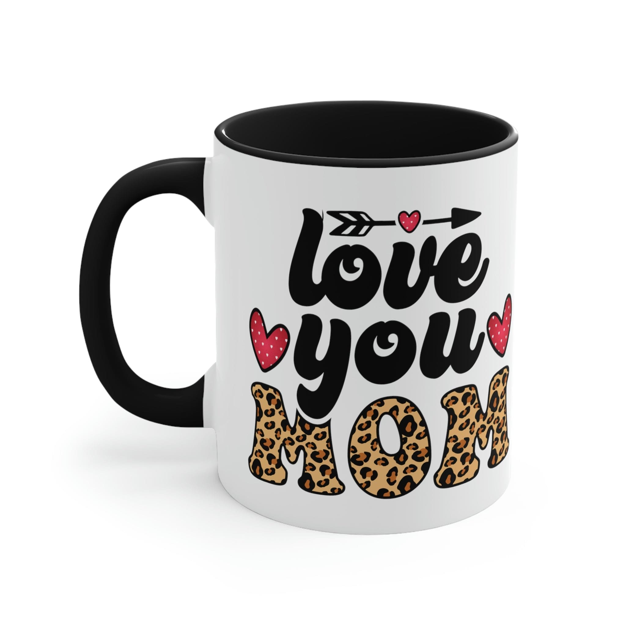 Two-tone ceramic mug with 'Love you Mom' illustration, featuring a colorful interior and comfortable C-handle.