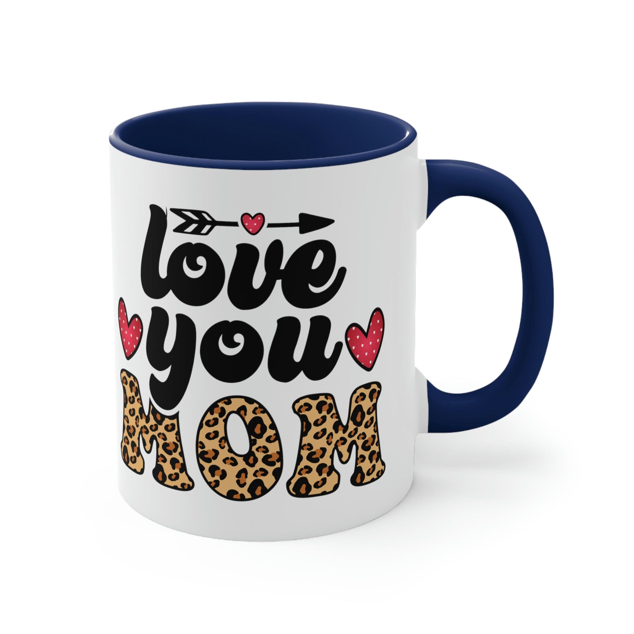 Two-tone ceramic mug with 'Love you Mom' illustration, featuring a colorful interior and comfortable C-handle.