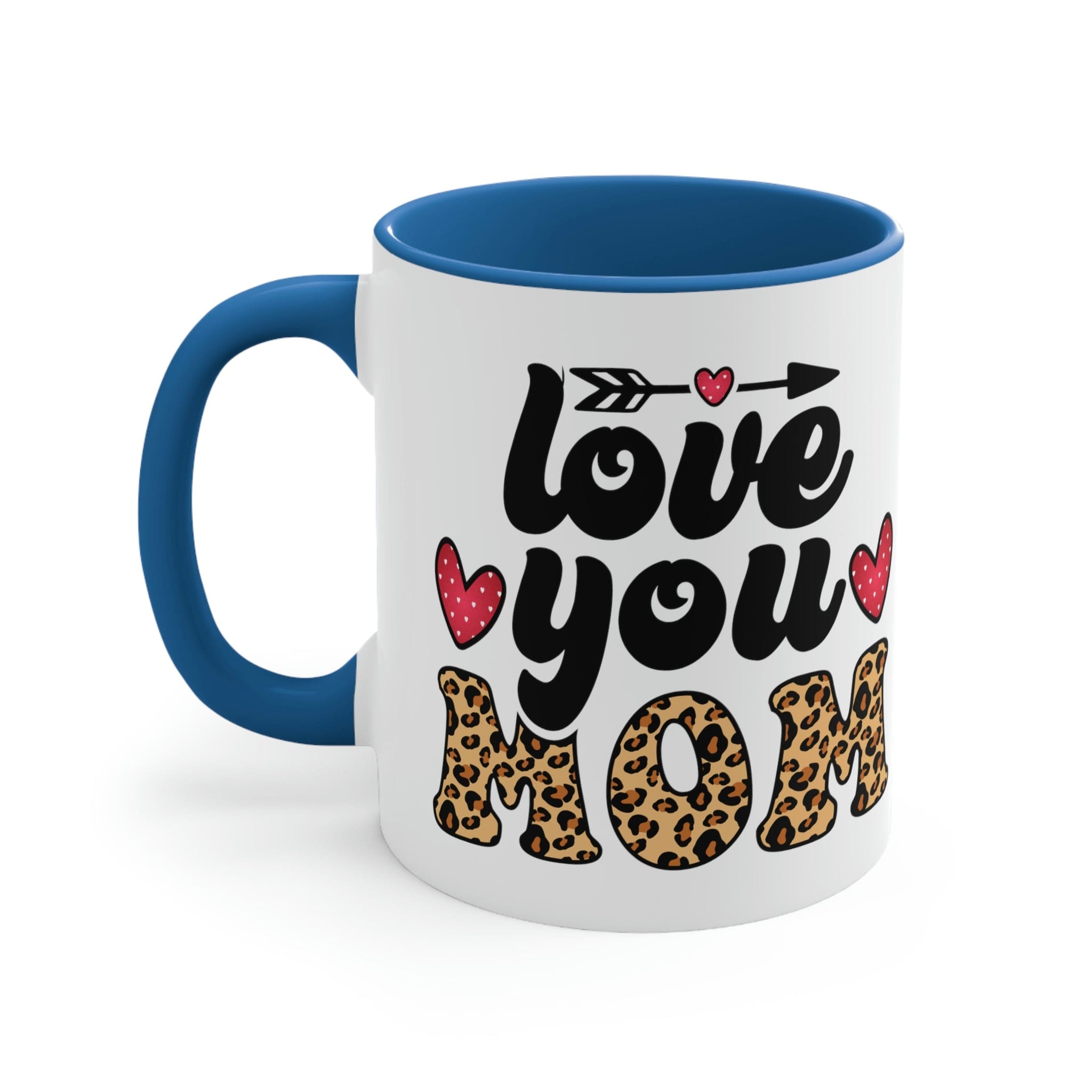 Two-tone ceramic mug with 'Love you Mom' illustration, featuring a colorful interior and comfortable C-handle.