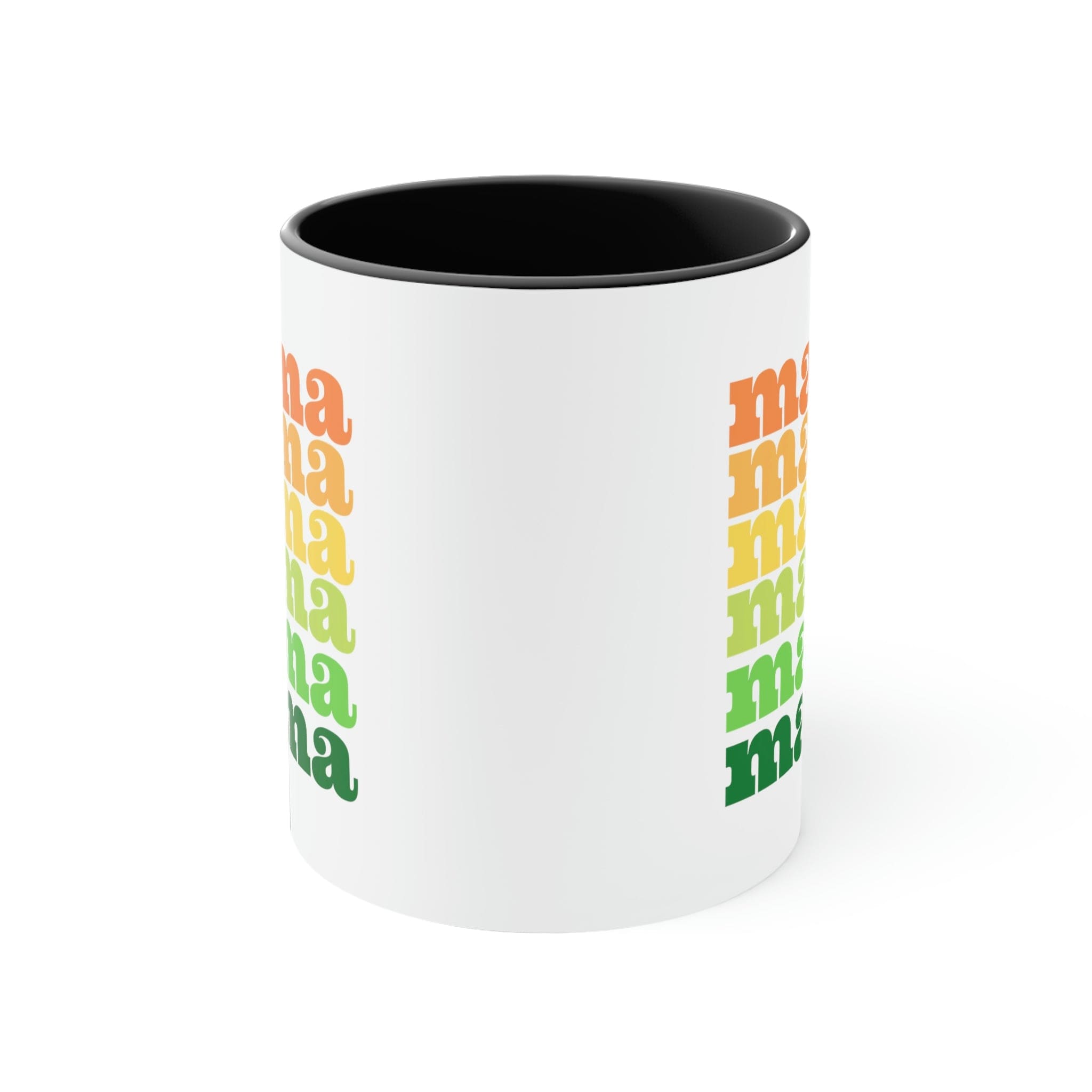 Two-tone ceramic mug with a white exterior and colored interior, featuring a comfortable C-handle.