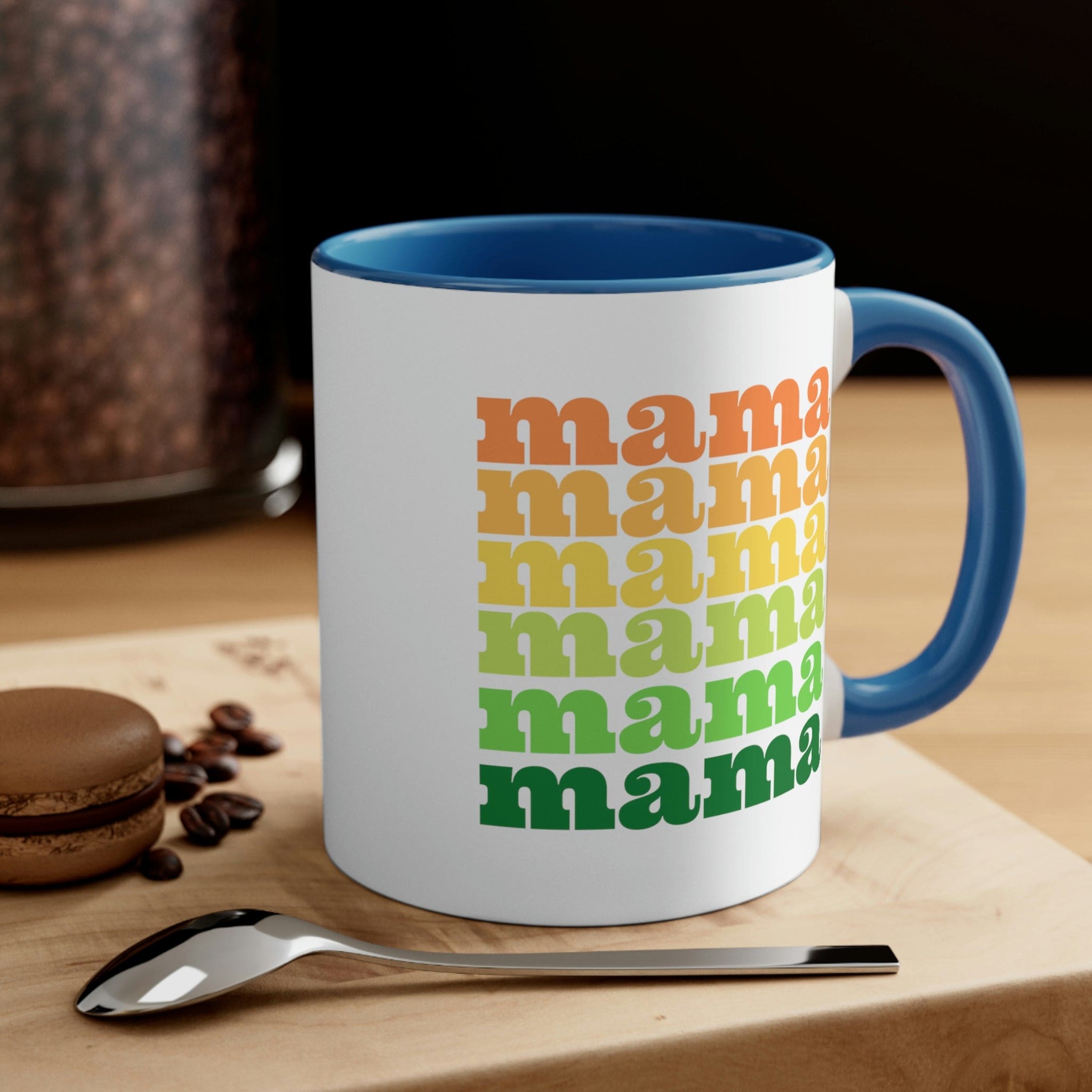 Two-tone ceramic mug with a white exterior and colored interior, featuring a comfortable C-handle.