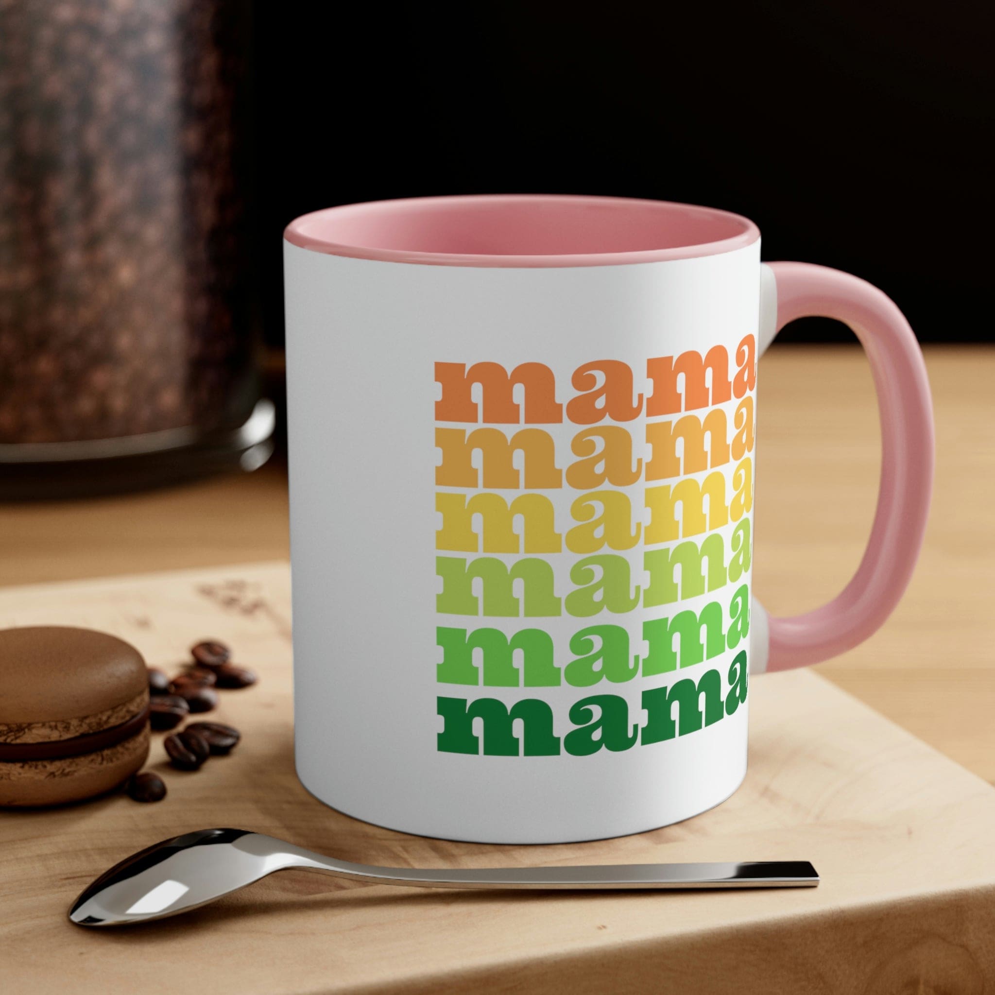 Two-tone ceramic mug with a white exterior and colored interior, featuring a comfortable C-handle.