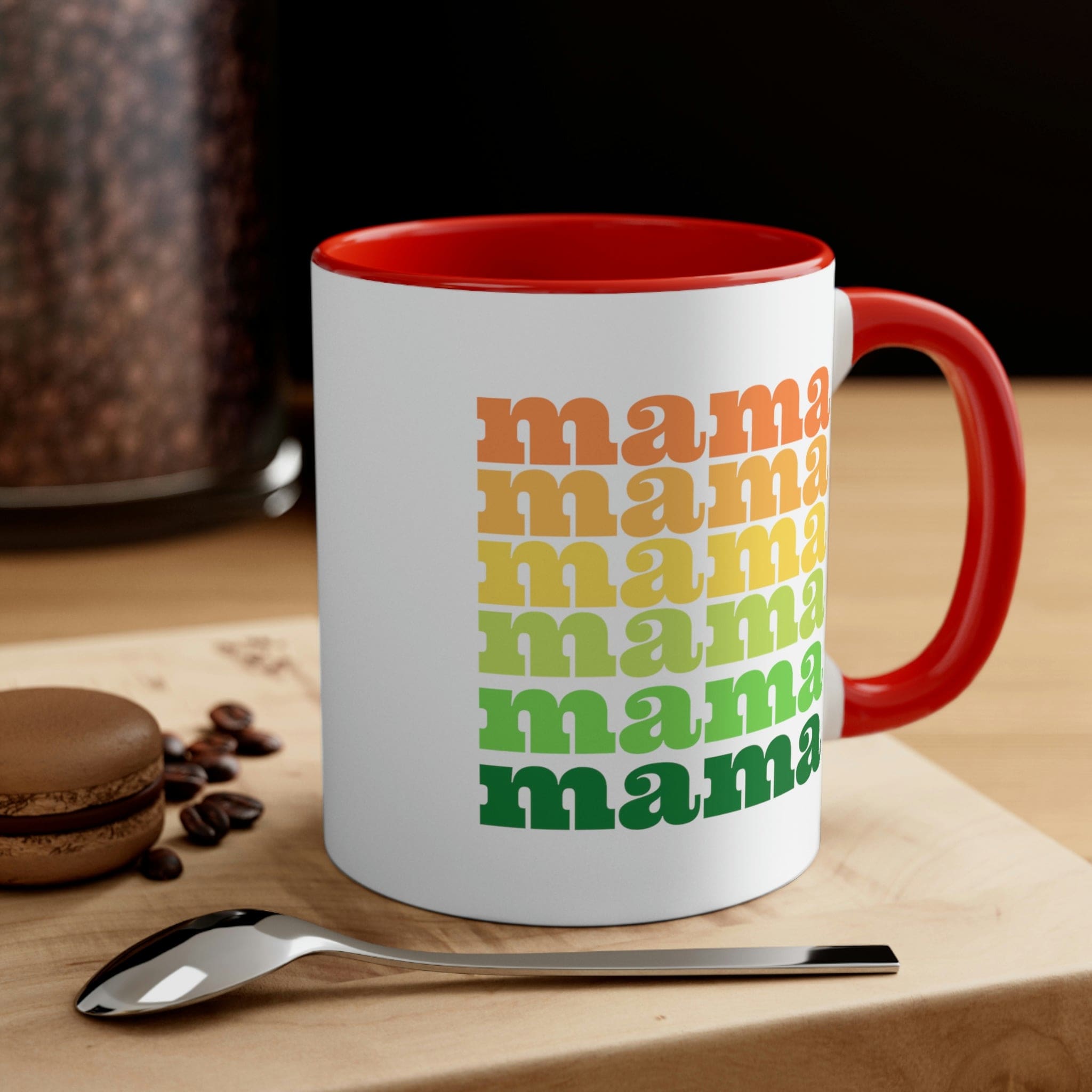 Two-tone ceramic mug with a white exterior and colored interior, featuring a comfortable C-handle.