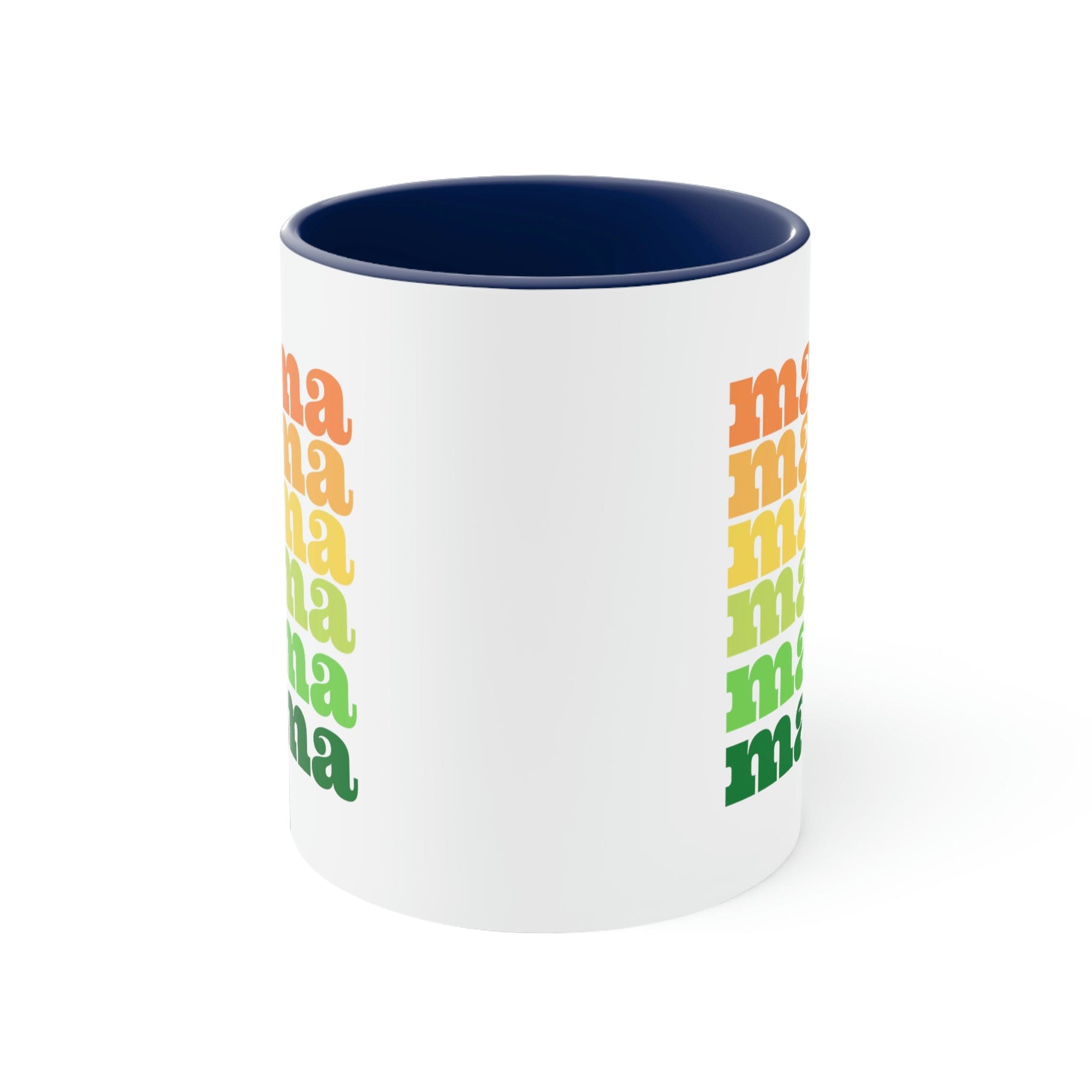 Two-tone ceramic mug with a white exterior and colored interior, featuring a comfortable C-handle.