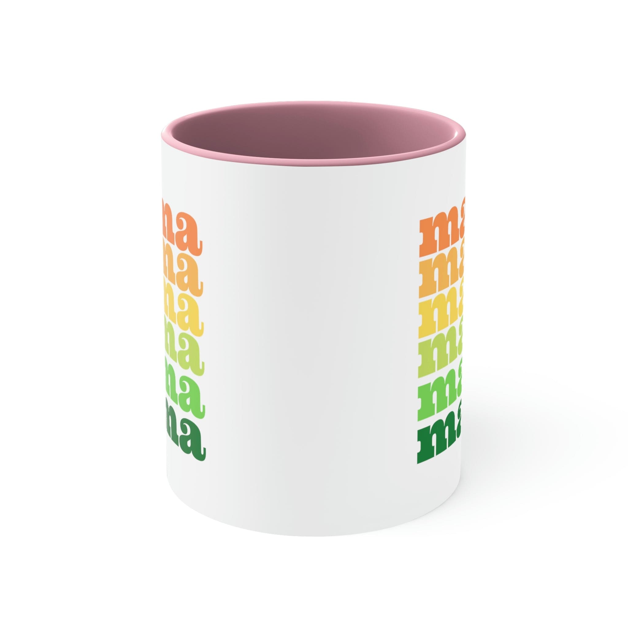 Two-tone ceramic mug with a white exterior and colored interior, featuring a comfortable C-handle.