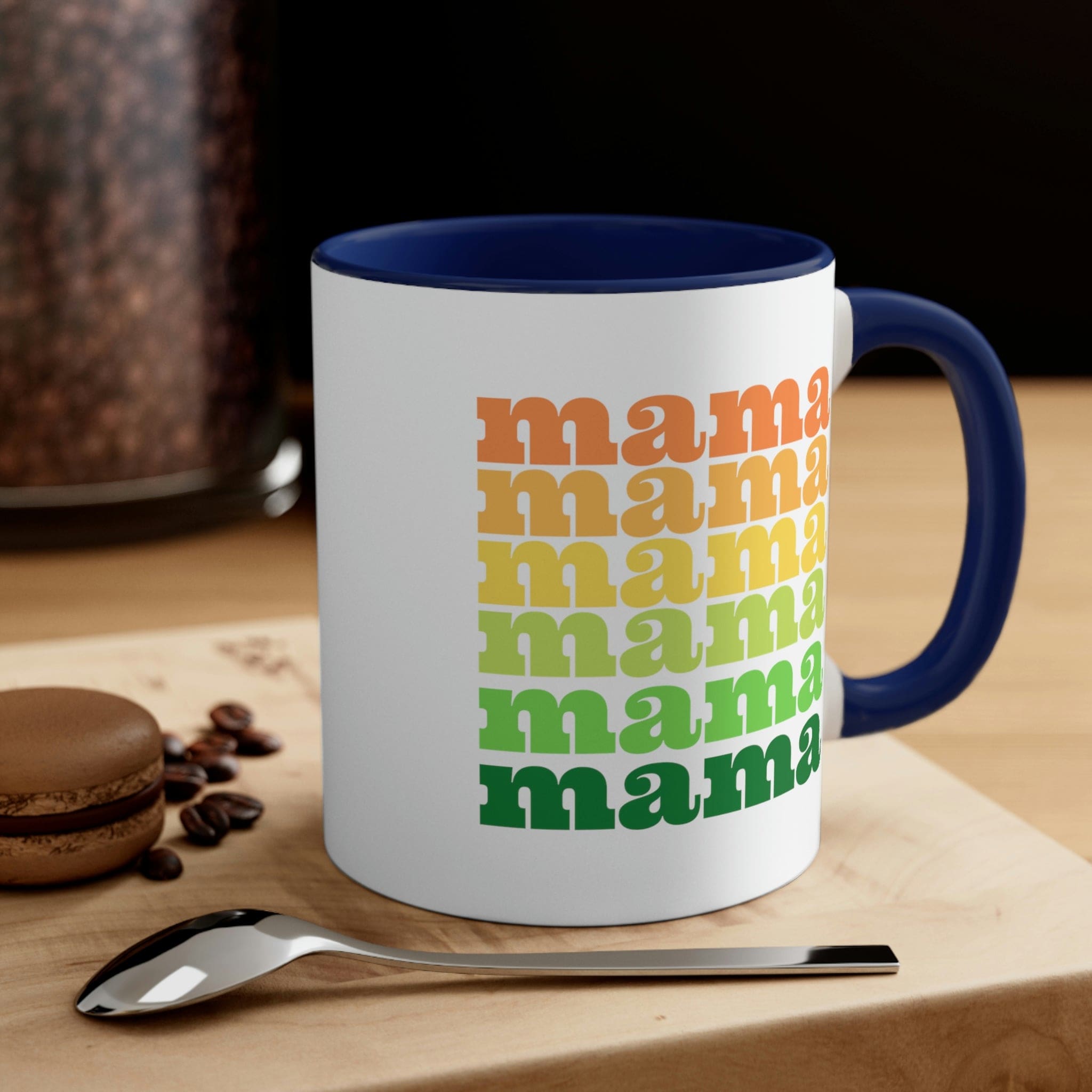 Two-tone ceramic mug with a white exterior and colored interior, featuring a comfortable C-handle.