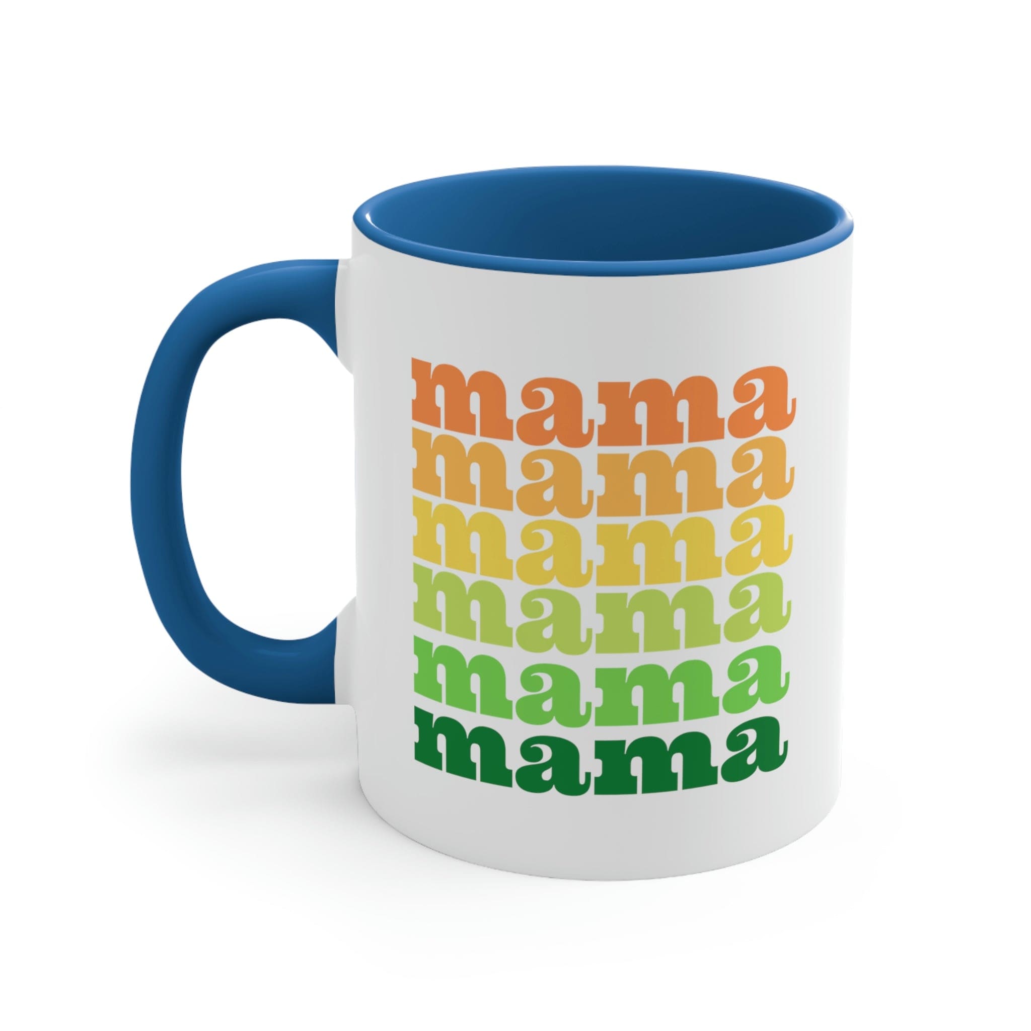 Two-tone ceramic mug with a white exterior and colored interior, featuring a comfortable C-handle.