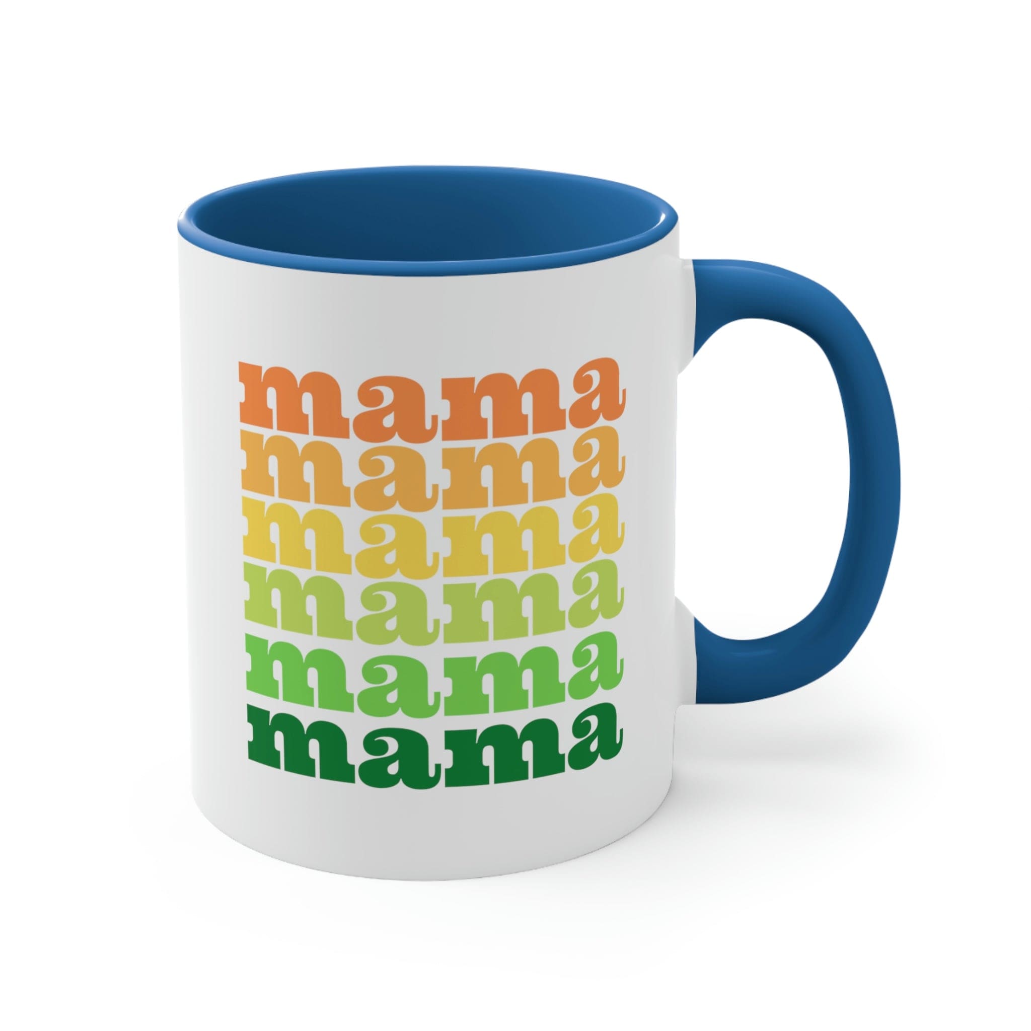 Two-tone ceramic mug with a white exterior and colored interior, featuring a comfortable C-handle.