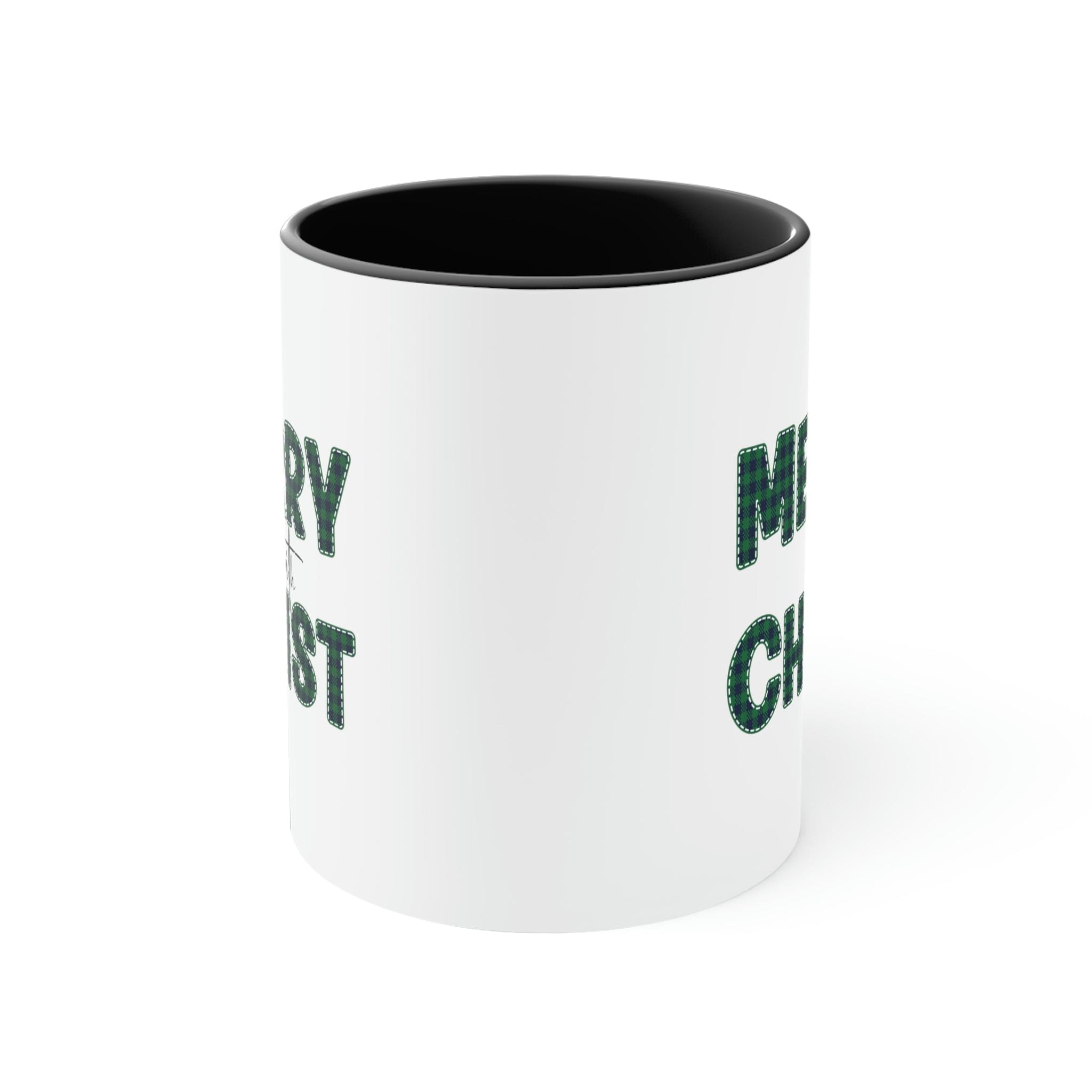 Two-tone ceramic mug with green plaid accents and comfortable C-handle, perfect for coffee or tea.