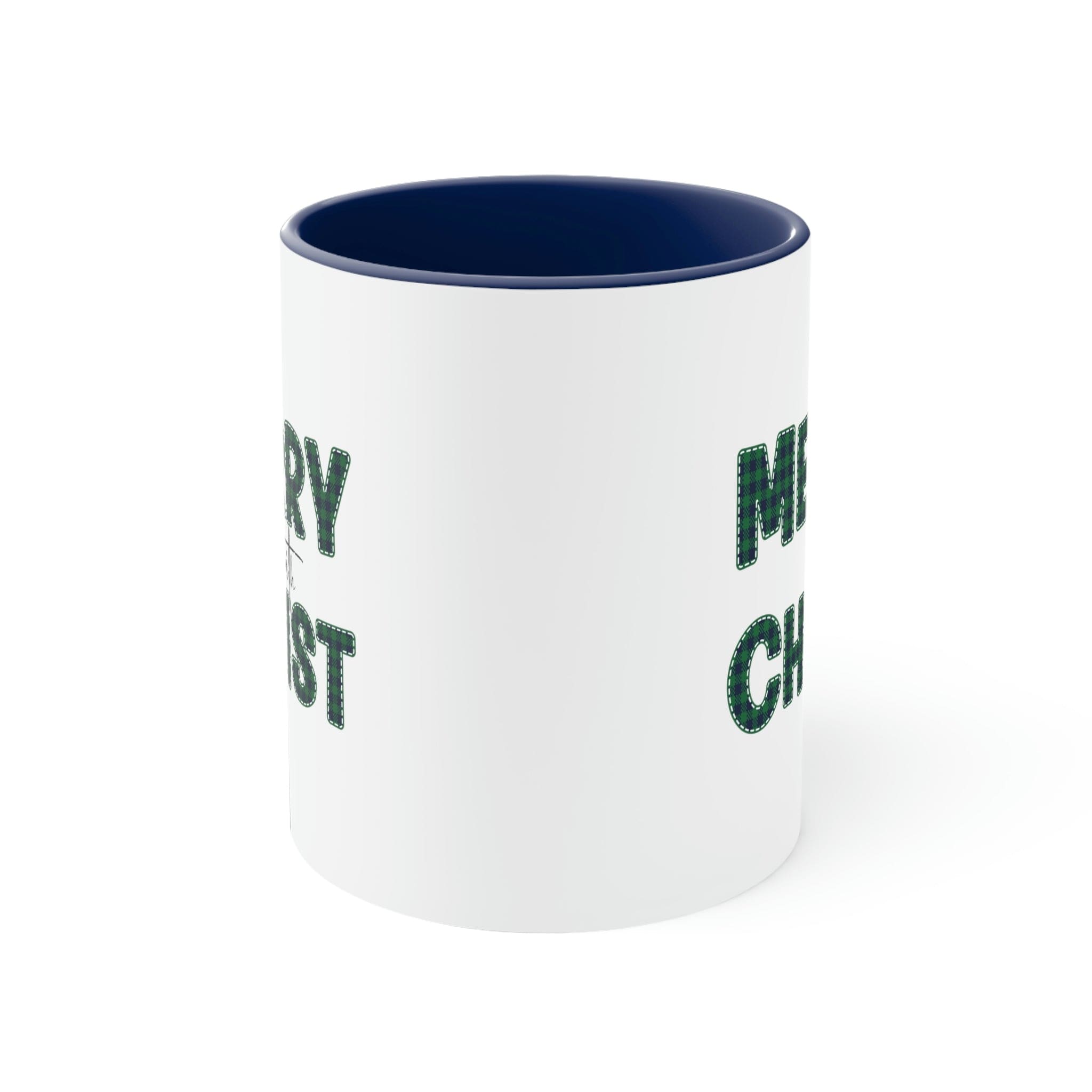 Two-tone ceramic mug with green plaid accents and comfortable C-handle, perfect for coffee or tea.