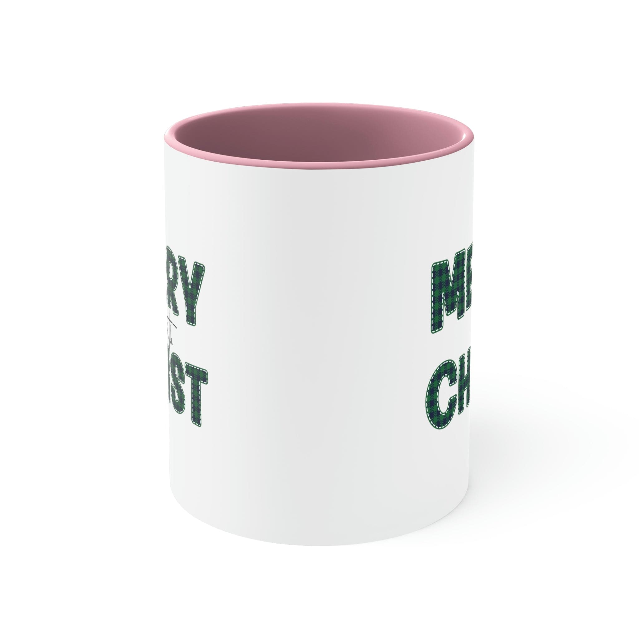 Two-tone ceramic mug with green plaid accents and comfortable C-handle, perfect for coffee or tea.