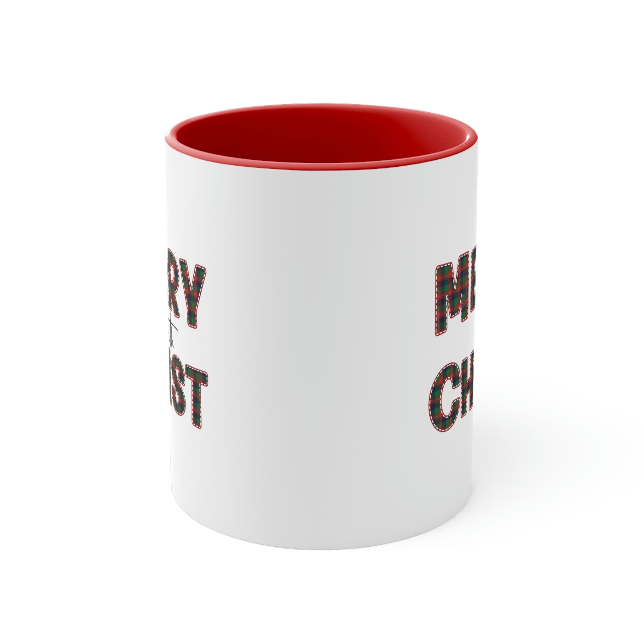 Two-tone ceramic mug featuring a red and green design with a comfortable C-handle, perfect for coffee or tea.