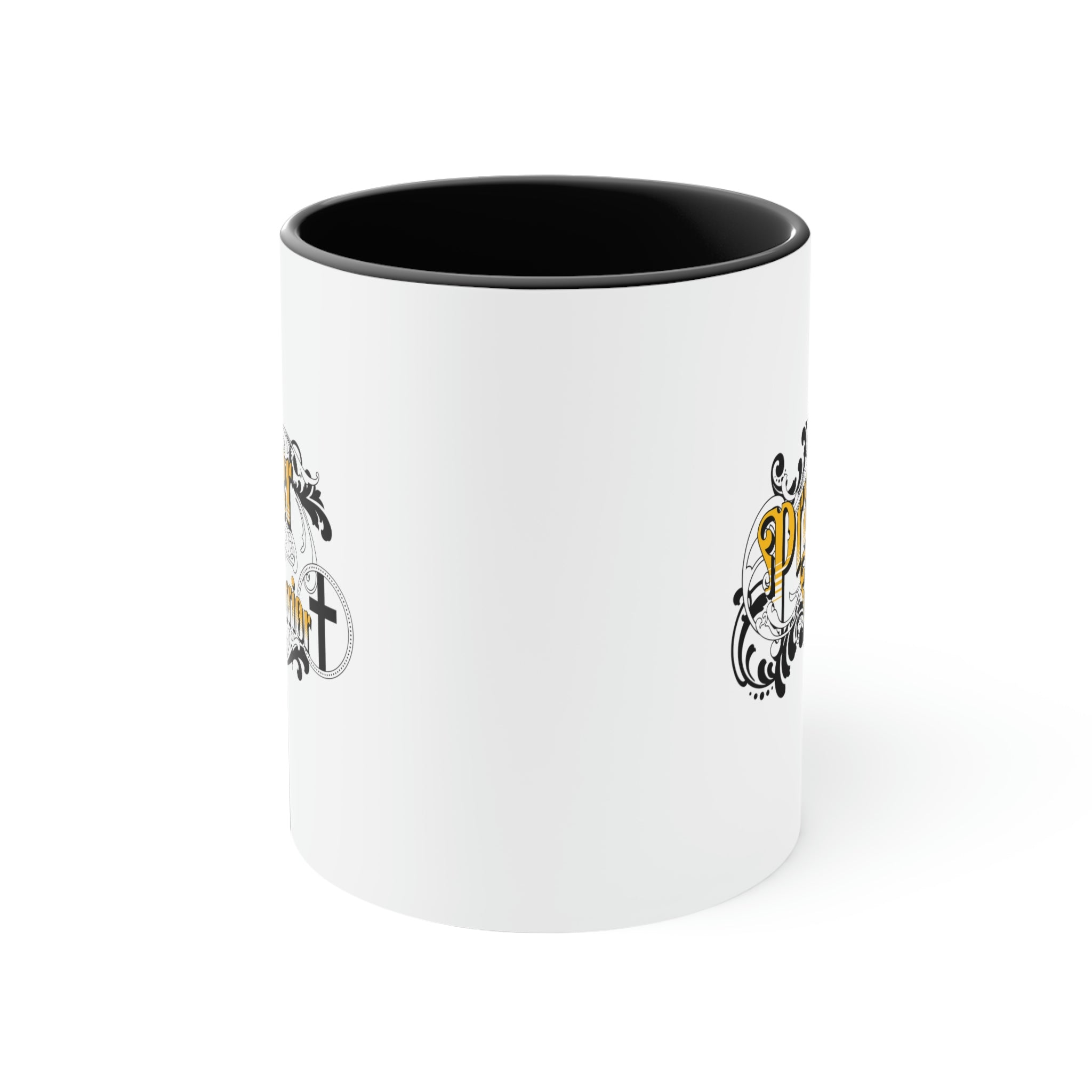 Two-tone ceramic mug with a white exterior and colored interior, featuring a comfortable C-handle, ideal for coffee or tea.