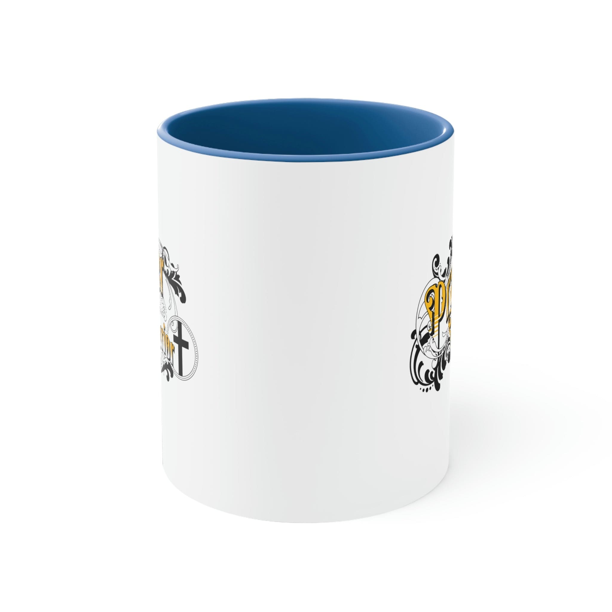 Two-tone ceramic mug with a white exterior and colored interior, featuring a comfortable C-handle, ideal for coffee or tea.