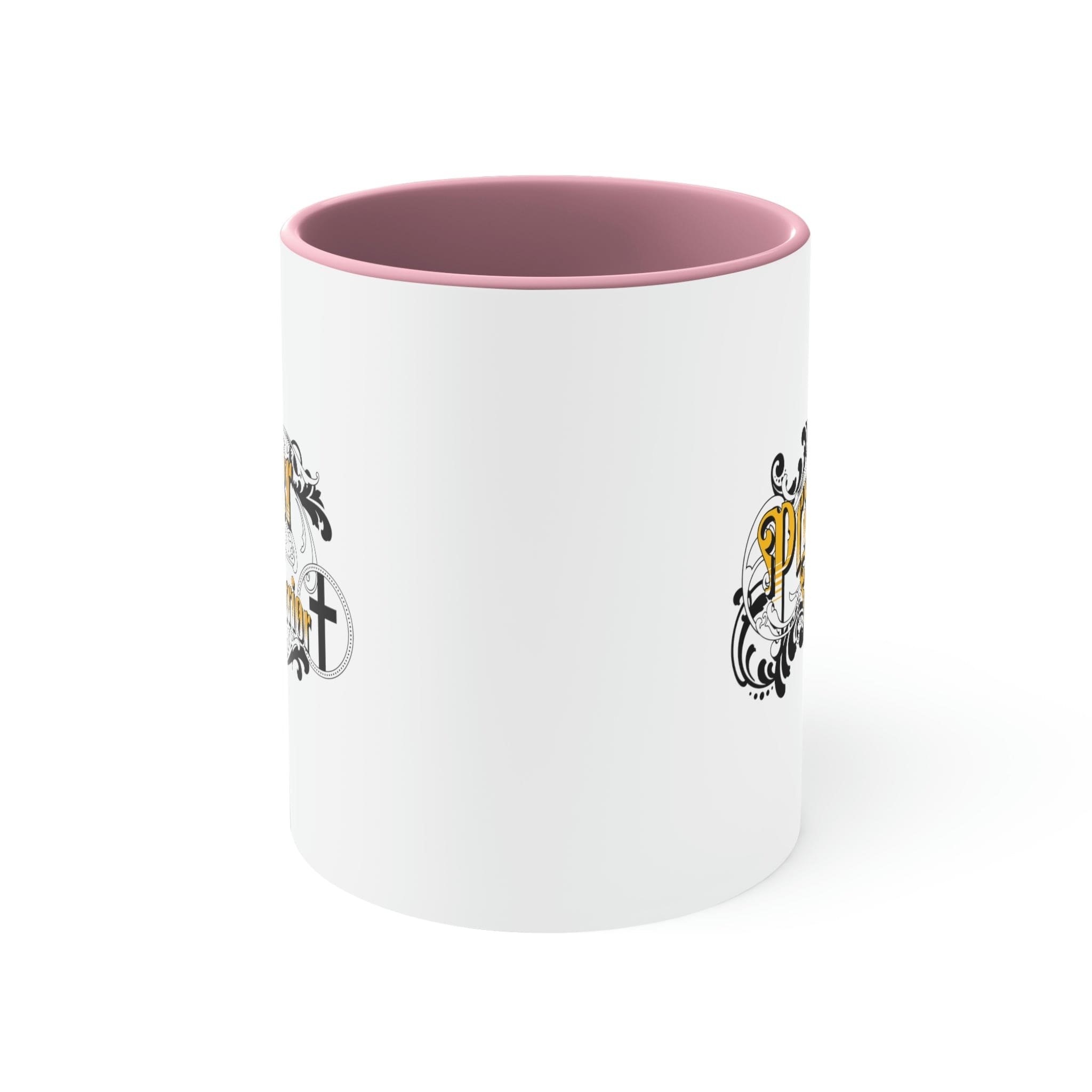 Two-tone ceramic mug with a white exterior and colored interior, featuring a comfortable C-handle, ideal for coffee or tea.