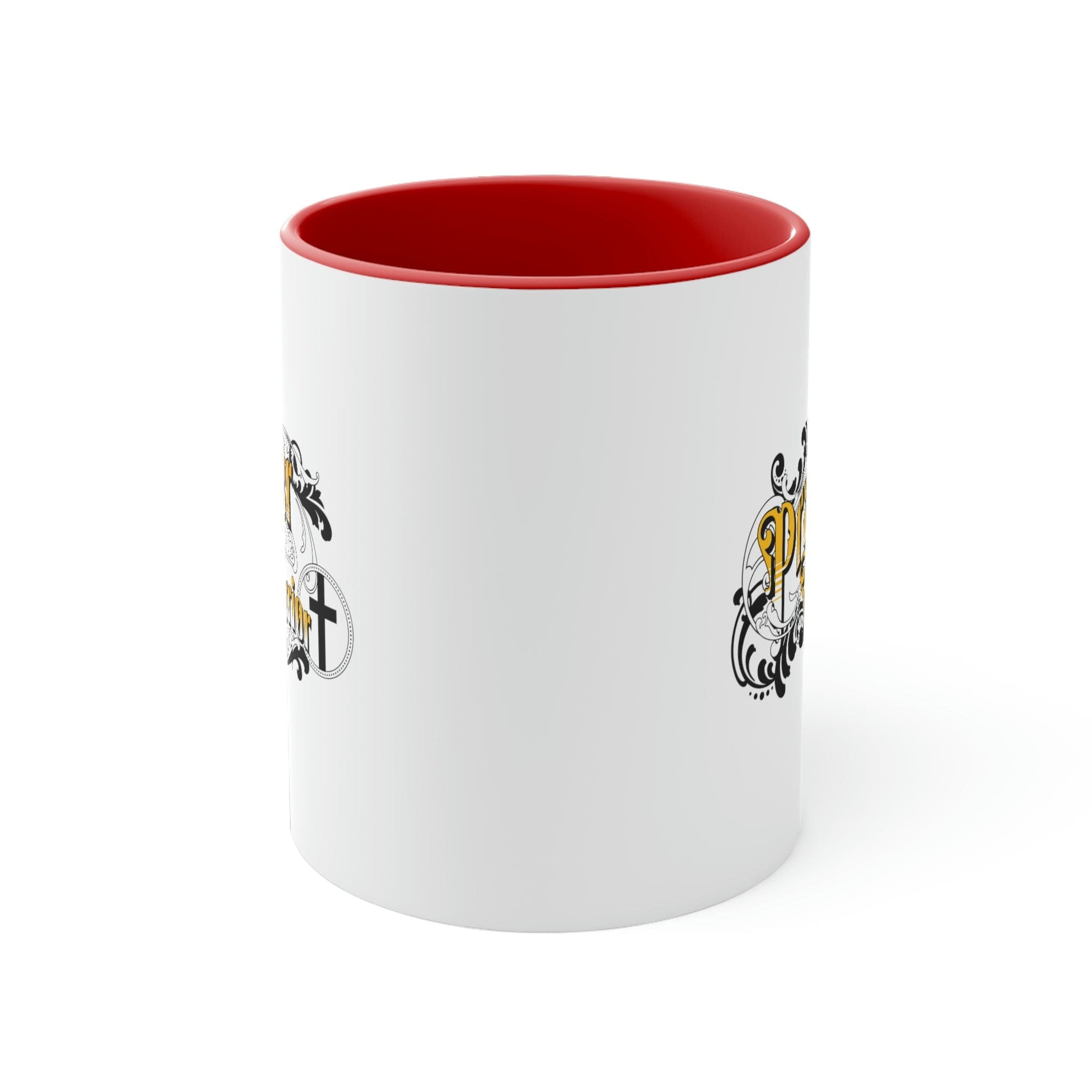 Two-tone ceramic mug with a white exterior and colored interior, featuring a comfortable C-handle, ideal for coffee or tea.