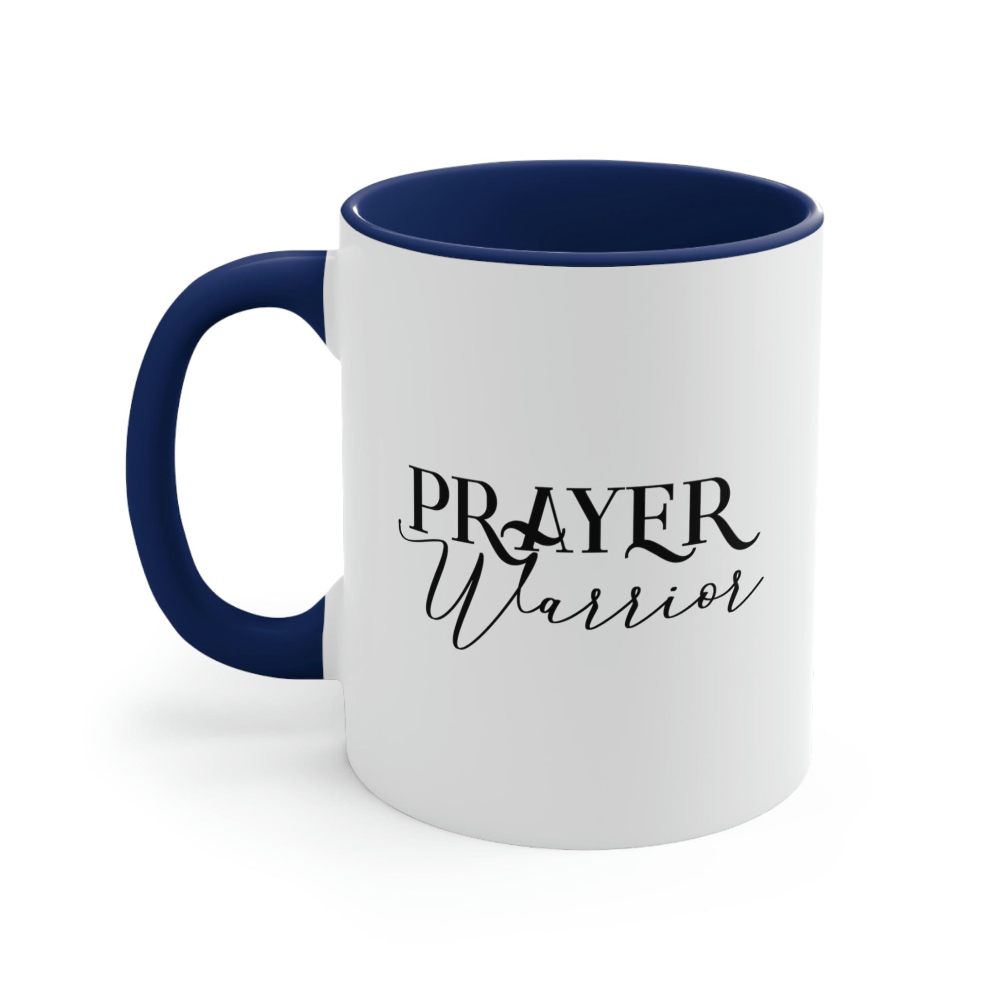 Two-tone ceramic mug with Prayer Warrior illustration and comfortable C-handle, showcasing vibrant colors.