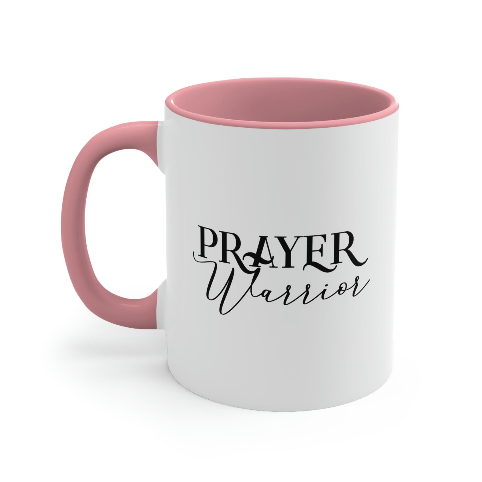 Two-tone ceramic mug with Prayer Warrior illustration and comfortable C-handle, showcasing vibrant colors.