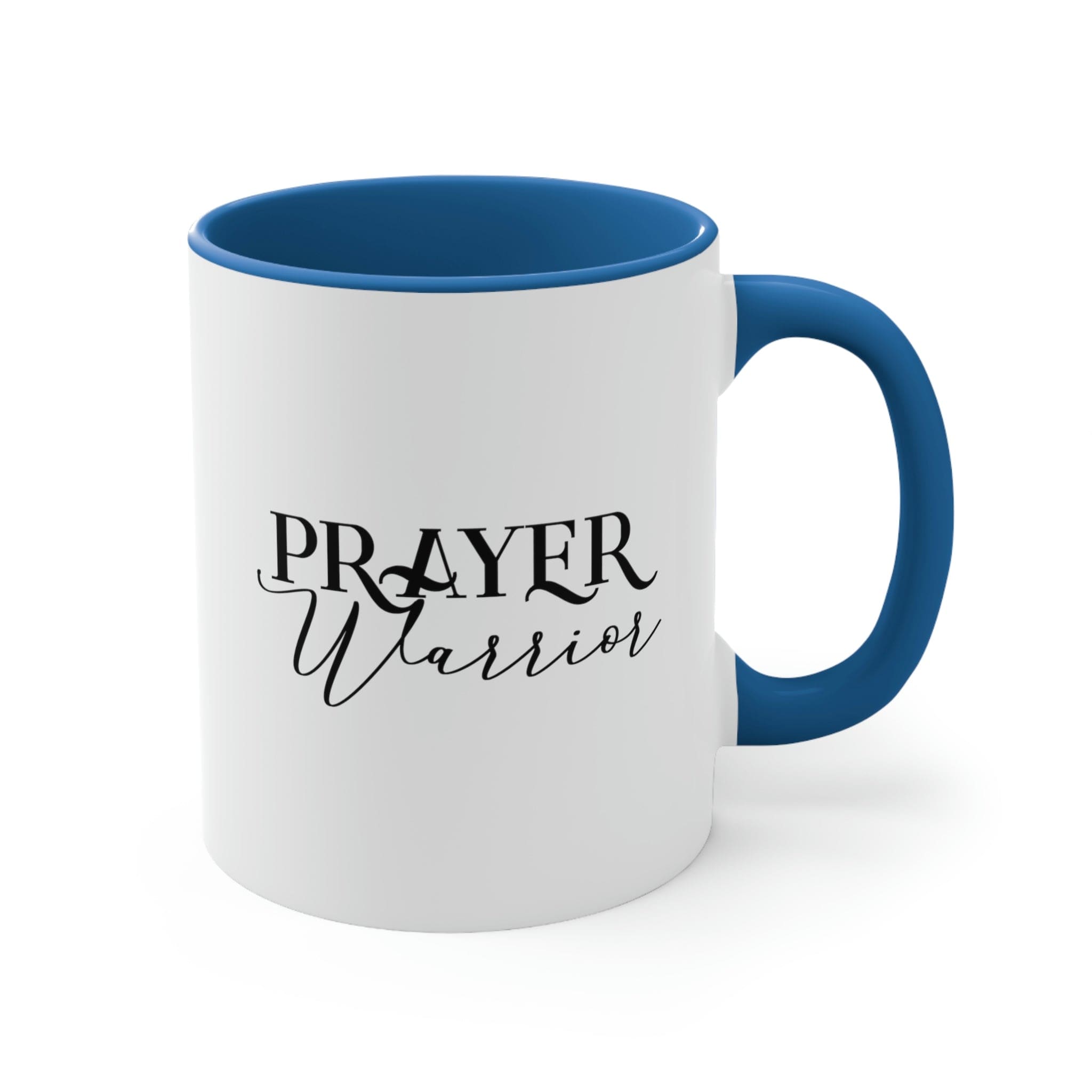 Two-tone ceramic mug with Prayer Warrior illustration and comfortable C-handle, showcasing vibrant colors.