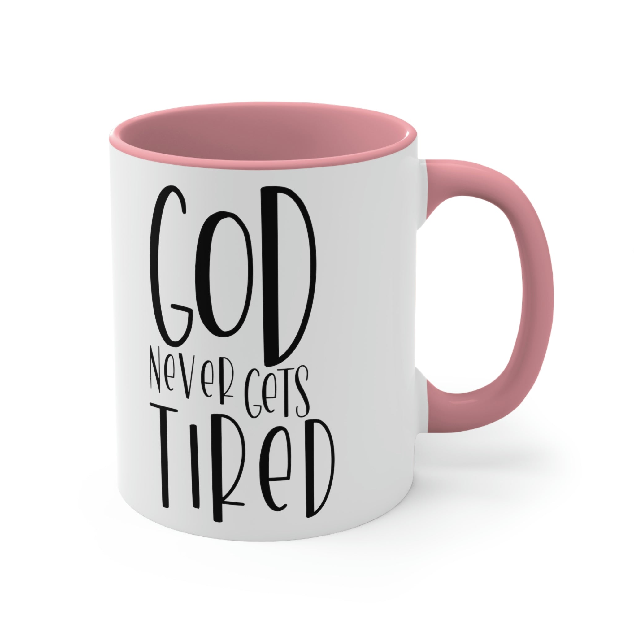 Two-tone ceramic mug with a white exterior and colored interior, featuring a comfortable C-handle and motivational design.