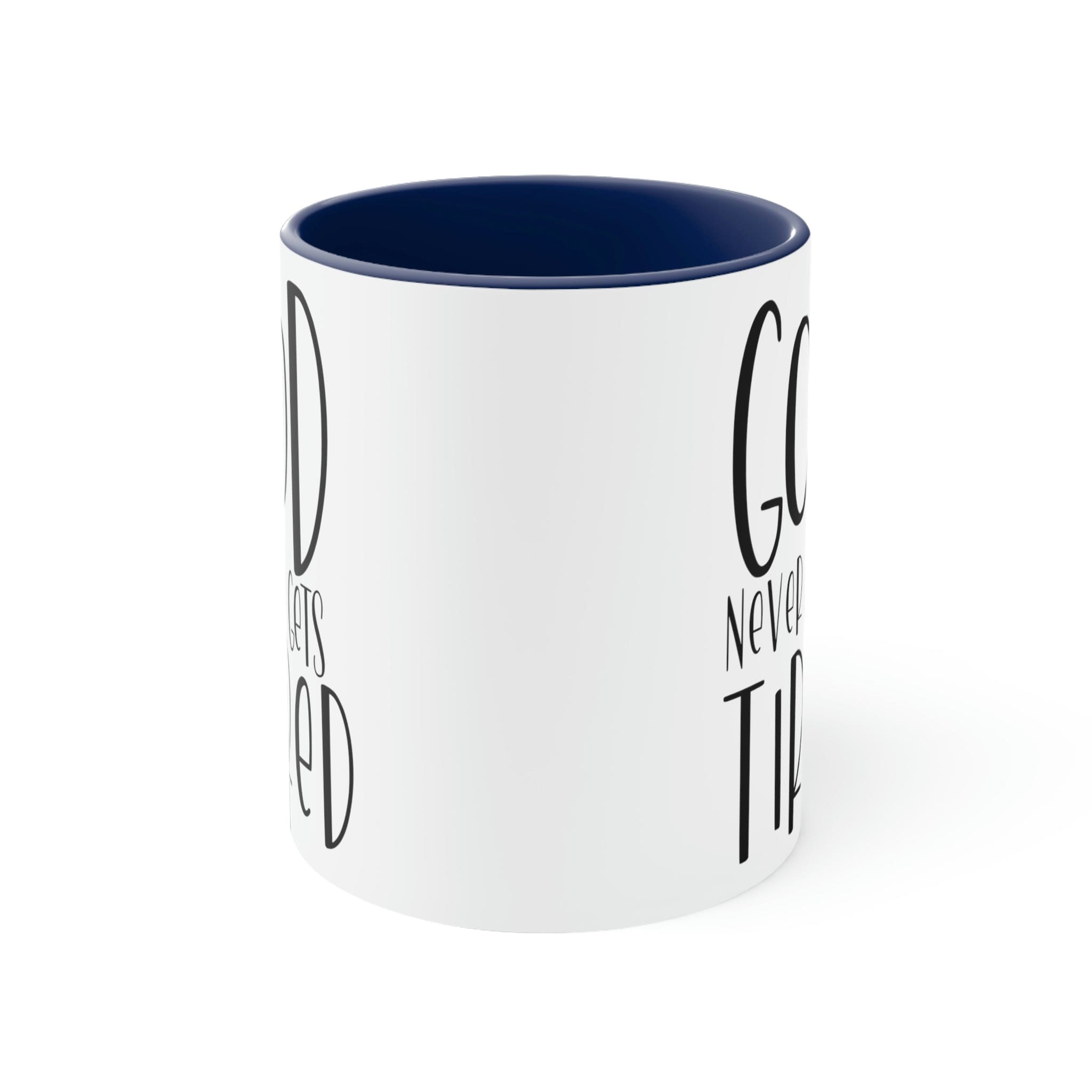 Two-tone ceramic mug with a white exterior and colored interior, featuring a comfortable C-handle and motivational design.