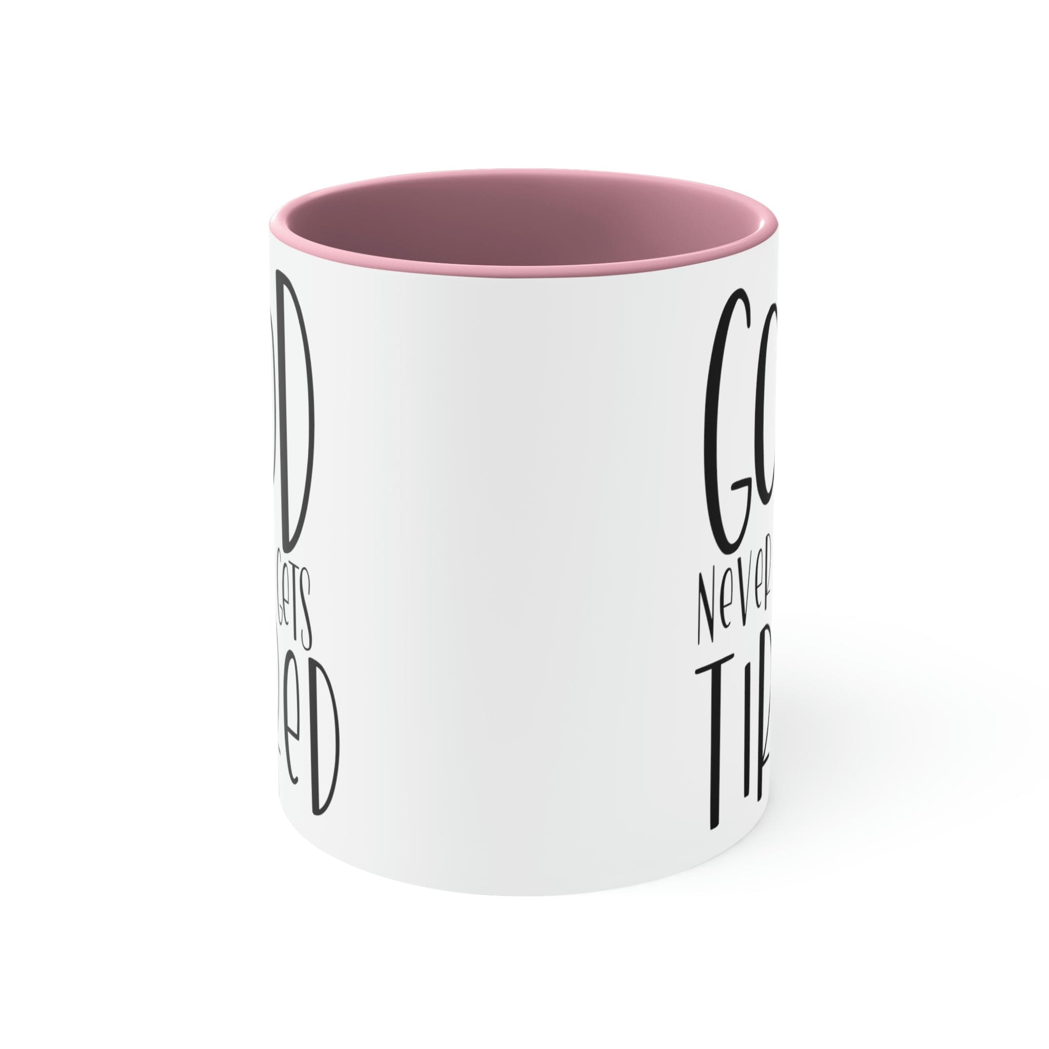 Two-tone ceramic mug with a white exterior and colored interior, featuring a comfortable C-handle and motivational design.