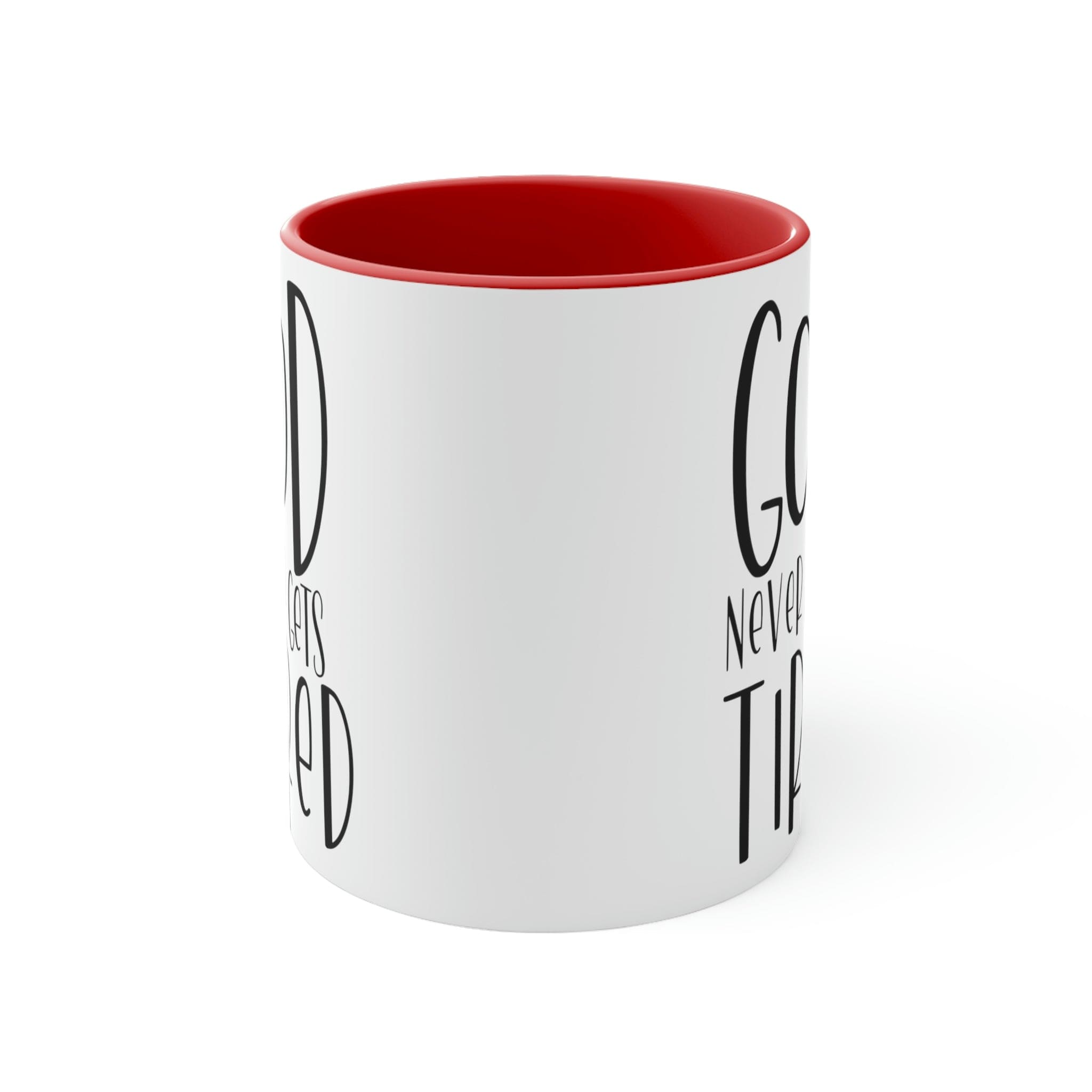 Two-tone ceramic mug with a white exterior and colored interior, featuring a comfortable C-handle and motivational design.