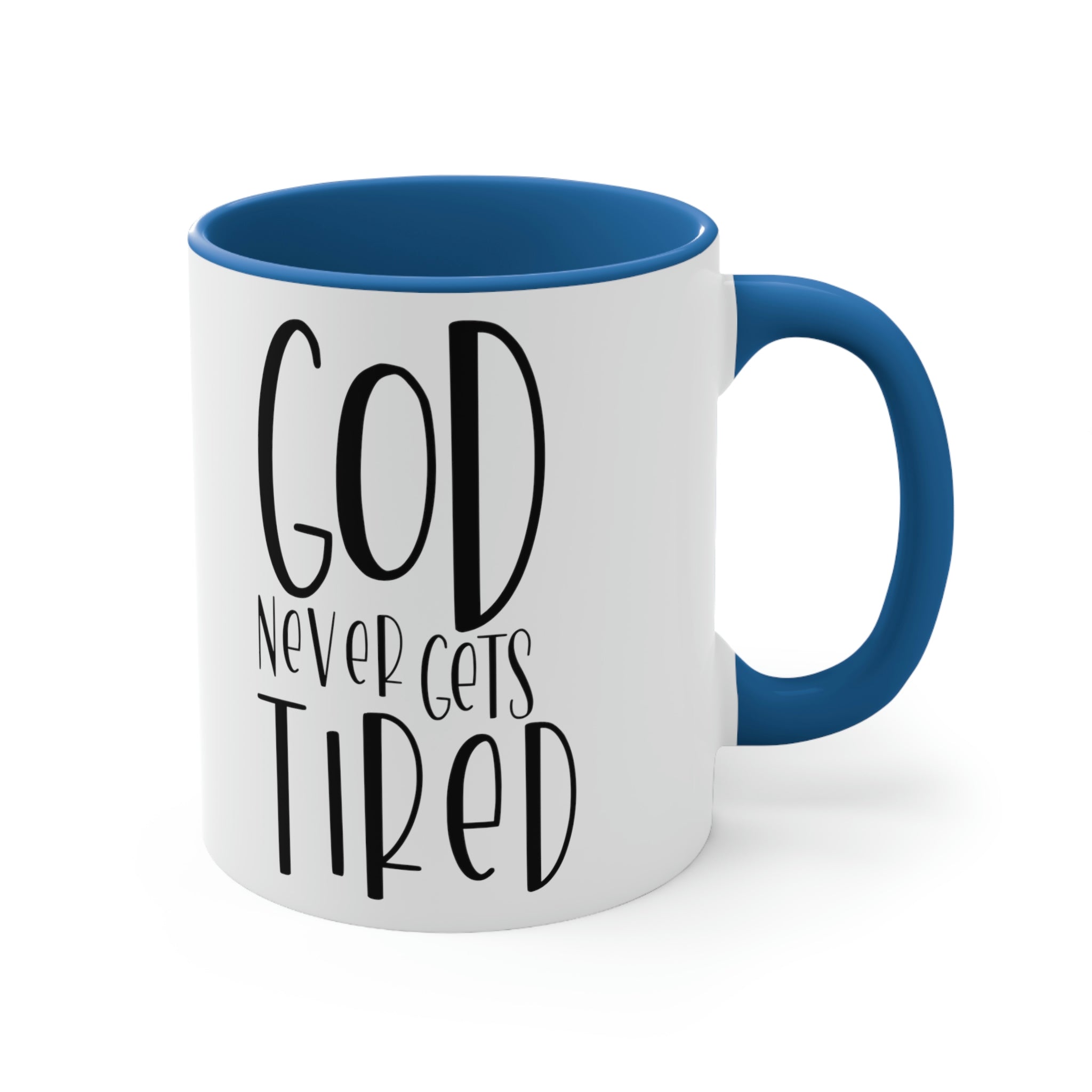 Two-tone ceramic mug with a white exterior and colored interior, featuring a comfortable C-handle and motivational design.