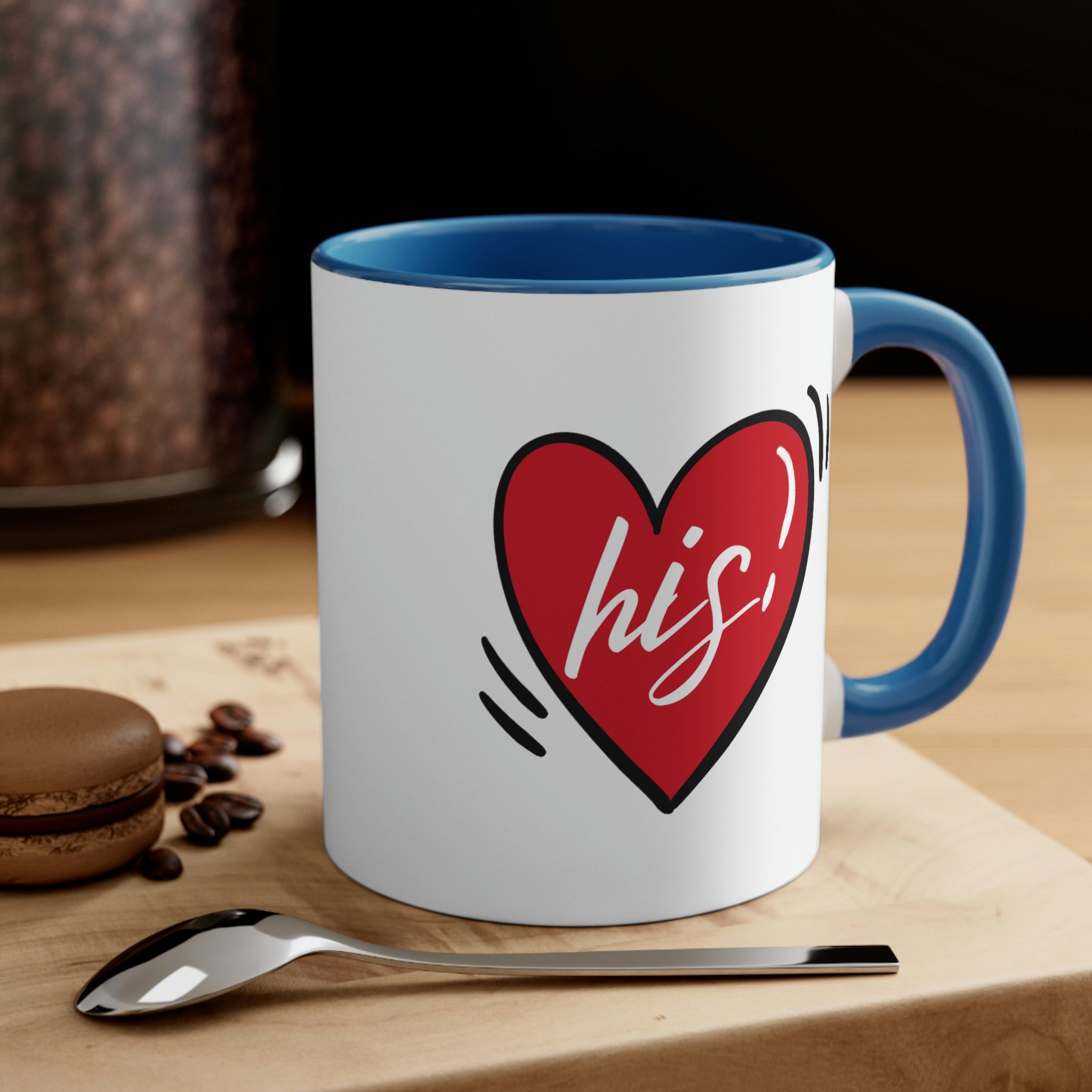 Two-tone ceramic mug with a white exterior and colored interior, featuring a comfortable C-handle, ideal for couples.