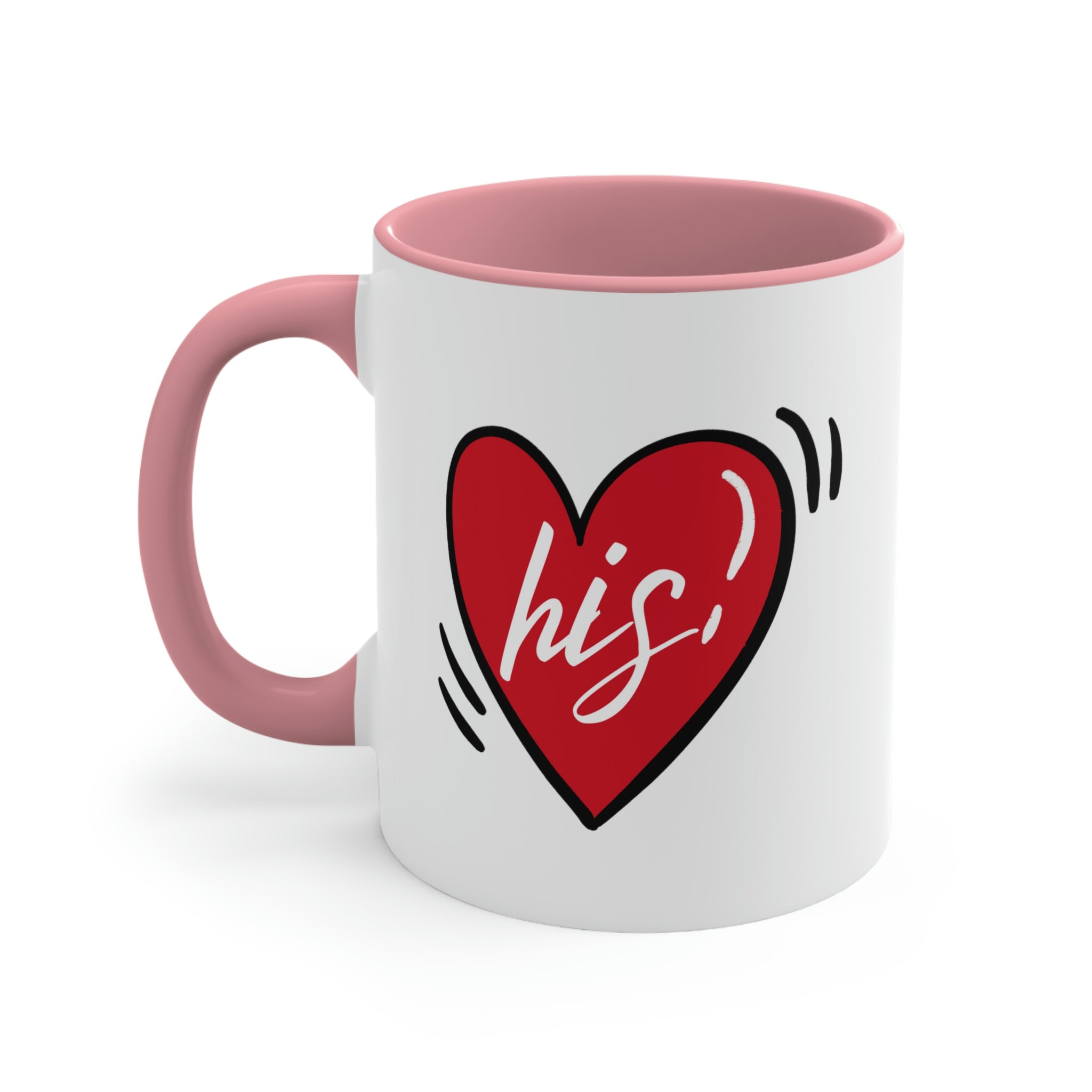 Two-tone ceramic mug with a white exterior and colored interior, featuring a comfortable C-handle, ideal for couples.